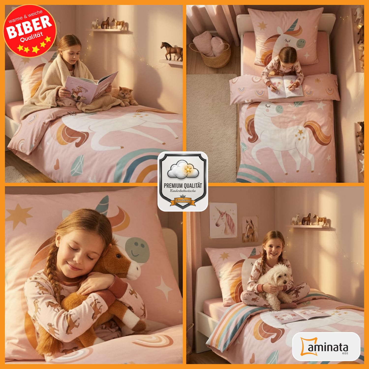 Aminata kids Bettwäsche 135x200 Biber Einhorn 100% Baumwolle Rosa