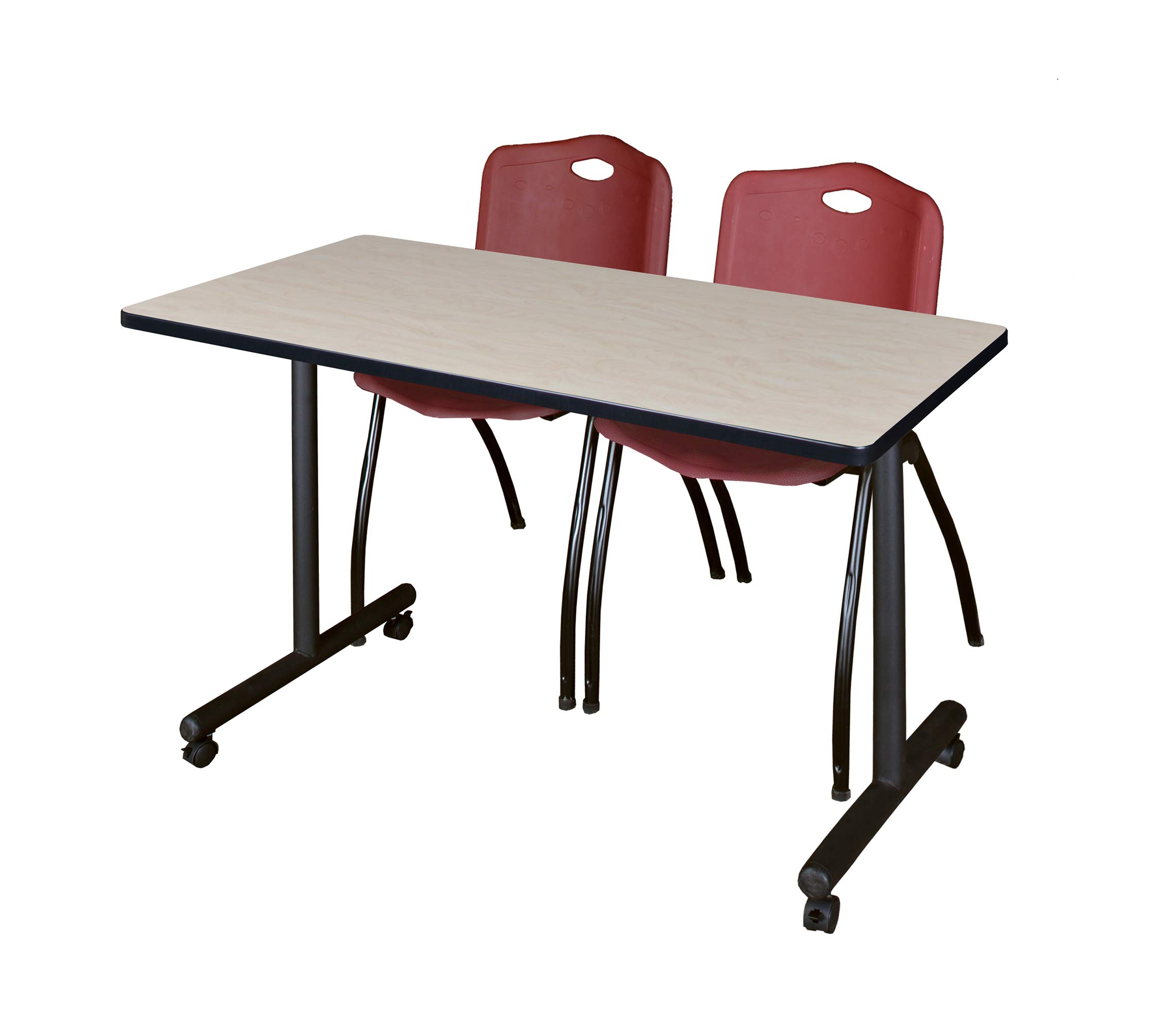 Romig Axis-Pro 48 x 24 in. Mobile T-Base Training Table- Maple, 2 M Stack Chairs- Burgundy