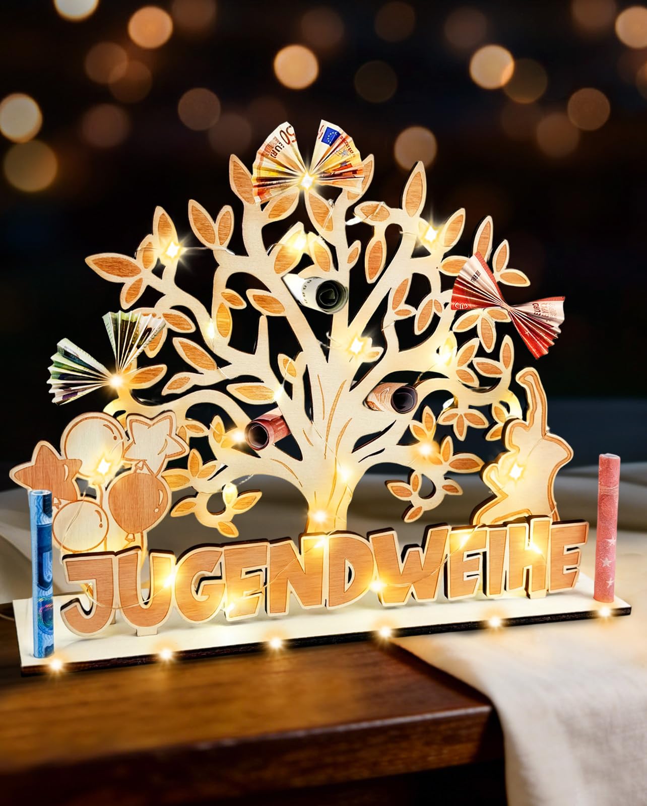 Leboria Jugendweihe Geschenke für Mädchen Junge, Holz Personalisierte Wunscherfüller Geldgeschenk Verpackung mit LED Lichterkette, Tischdeko Jugendweihe Deko