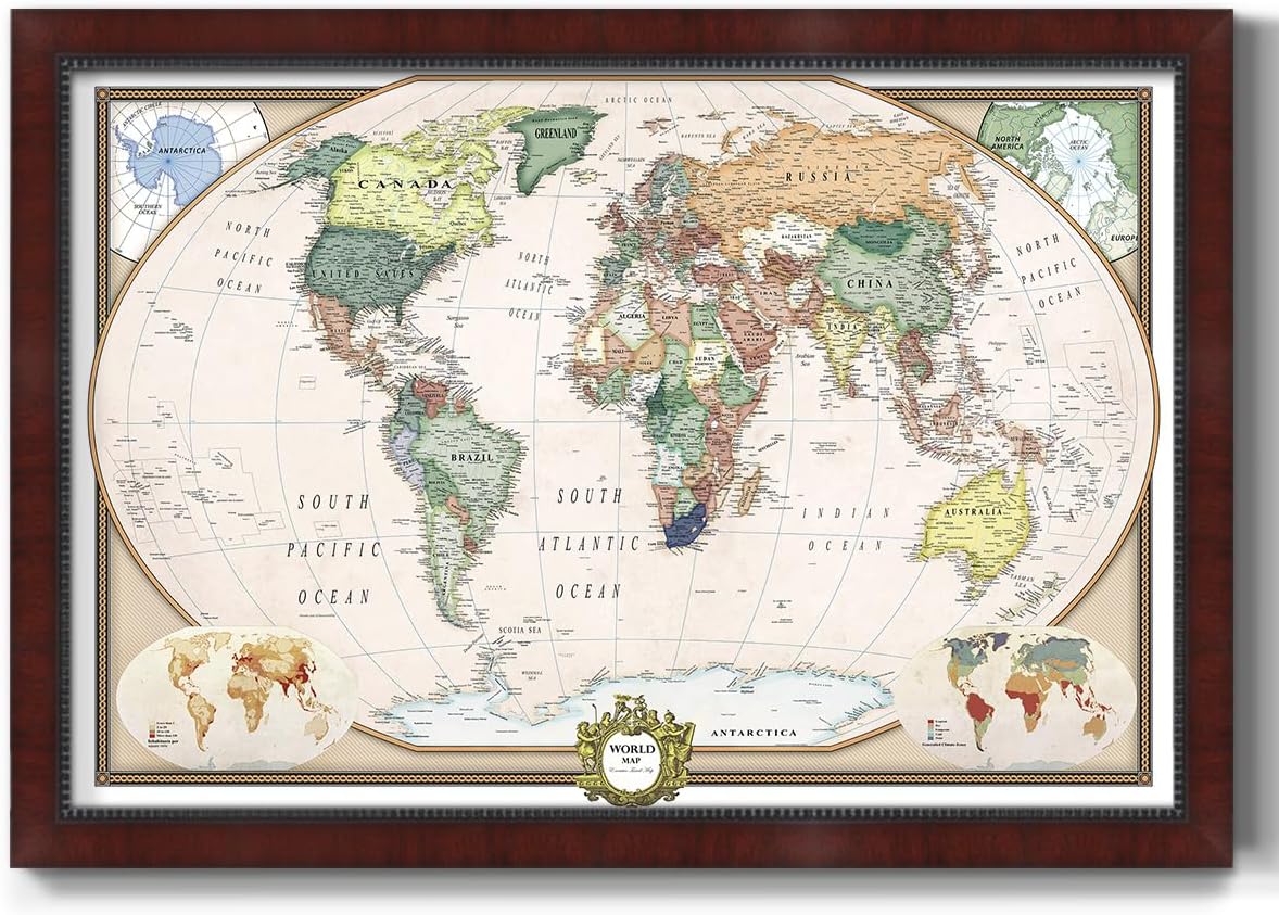 Renditions Gallery Colorful World Map Canvas Wall Art with Mahogany Frame Wall Hanging Travel Map with Push Pins for Living Room, Bedroom, Office Room
