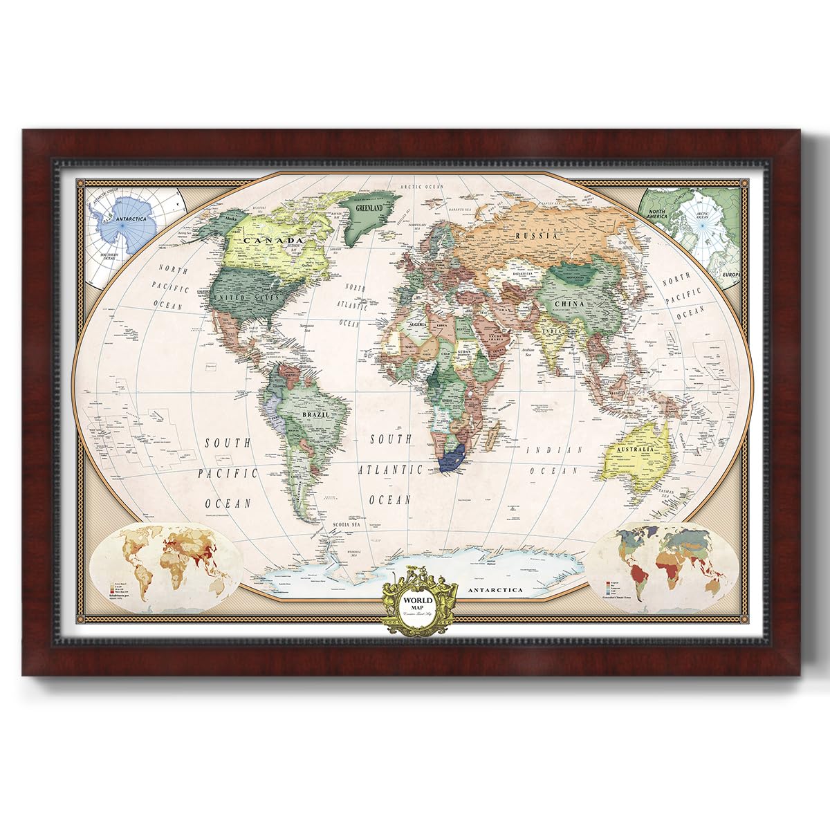 Renditions Gallery Colorful World Map Canvas Wall Art with Mahogany Frame Wall Hanging Travel Map with Push Pins for Living Room, Bedroom, Office Room