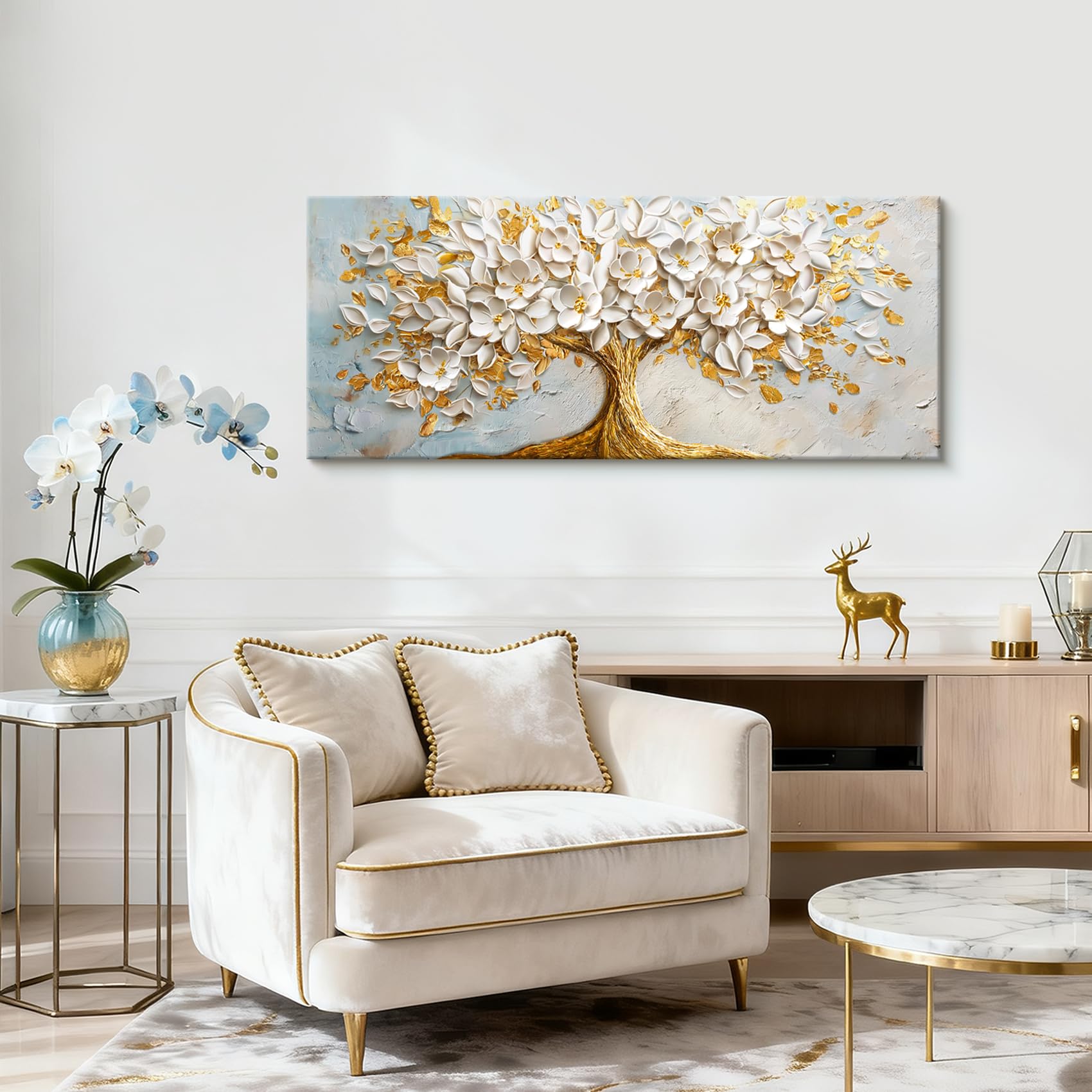 Stampa su tela Con Cornice Albero della Vita Bianco in Fiore Pittura Albero Dorato Lussuoso Quadri su tela Quadri Moderni Quadretti da Parete Stampa da Parete Soggiorno Camera da Letto 50x120cm