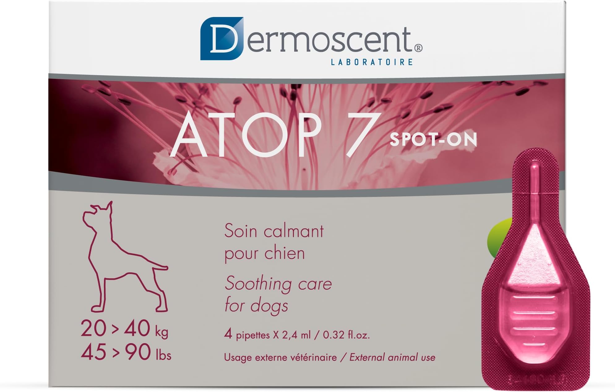 Dermoscent ATOP 7 spot-on - Large Dogs 45-90 lbs - Soothing Care for Sensitive, Dry and Itchy Skin or Allergy Prone Skin - Natural Ingredients - 4 pipettes
