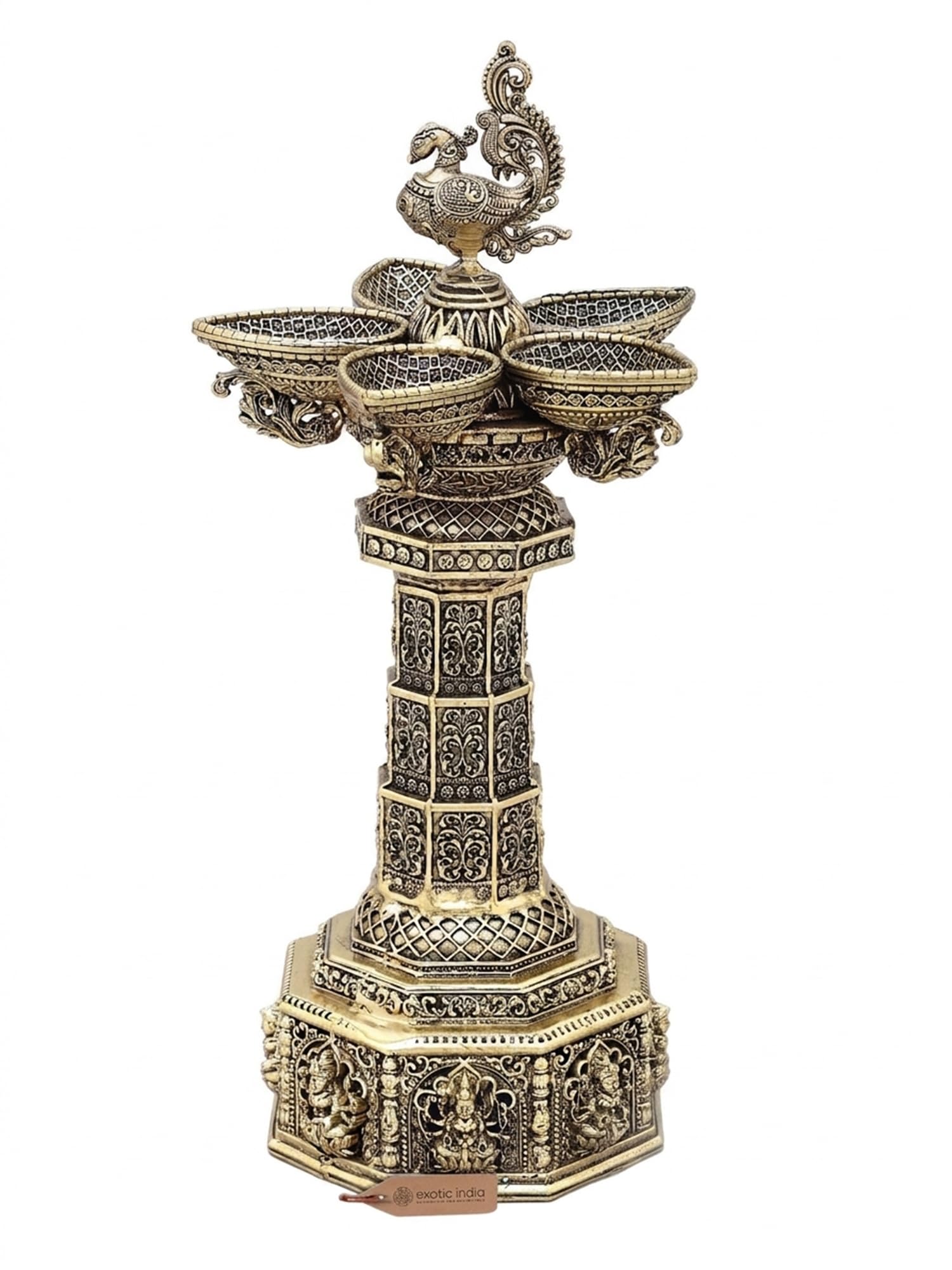 Exotic India Superfine Ashtalakshmi Carved Peacock Brass Diya Lamp | Oil Lamp for Home Mandir, Puja & Festive Décor