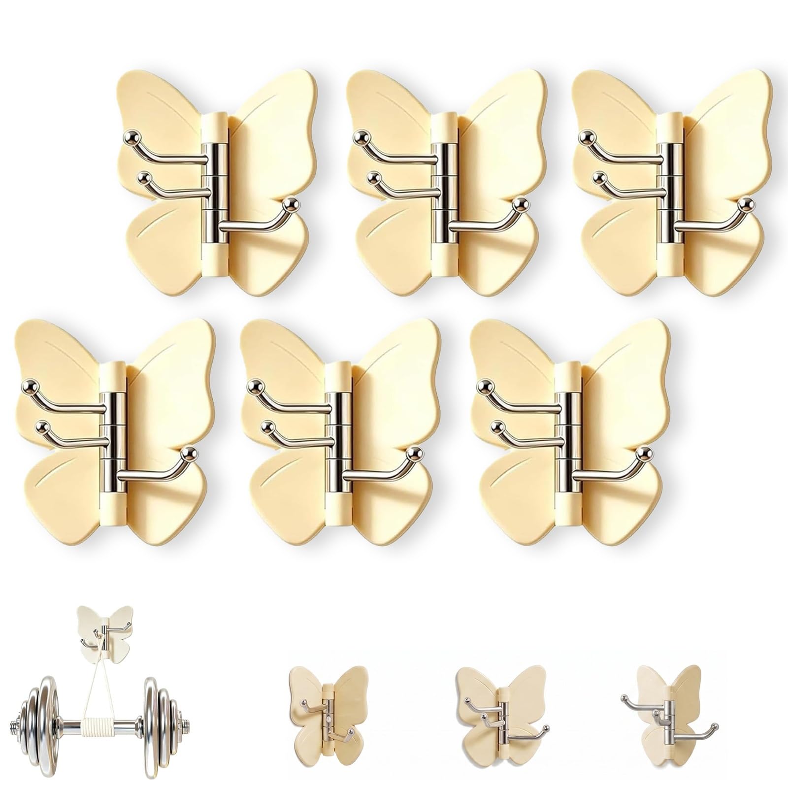 GHRKLP Rotating Butterfly Adhesive Wall Hooks, Cute No-Drill 3-Prong Swivel Hangers with Adjustable Wings,Saving Hooks for Inner & Outer Corners,for Dorm Entryway(Color A,6pcs)