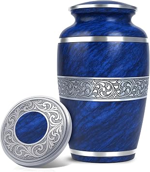 Elegant Blue Metallic Urn for Human Ashes Adult - Marble Finish - Large Handcrafted Cremation Memorial with Threaded Secure Lid - Tribute for Men and Women