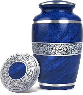 Elegant Blue Metallic Urn for Human Ashes Adult - Marble Finish - Large Handcrafted Cremation Memorial with Threaded Secure Lid - Tribute for Men and Women
