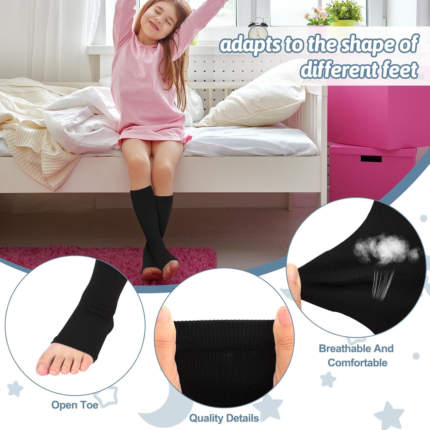 Shinymoon 4 Pairs Kids Open Toe Compression Socks 15-20 Mmhg Knee Length Support Graduated Compression Socks - Image 4