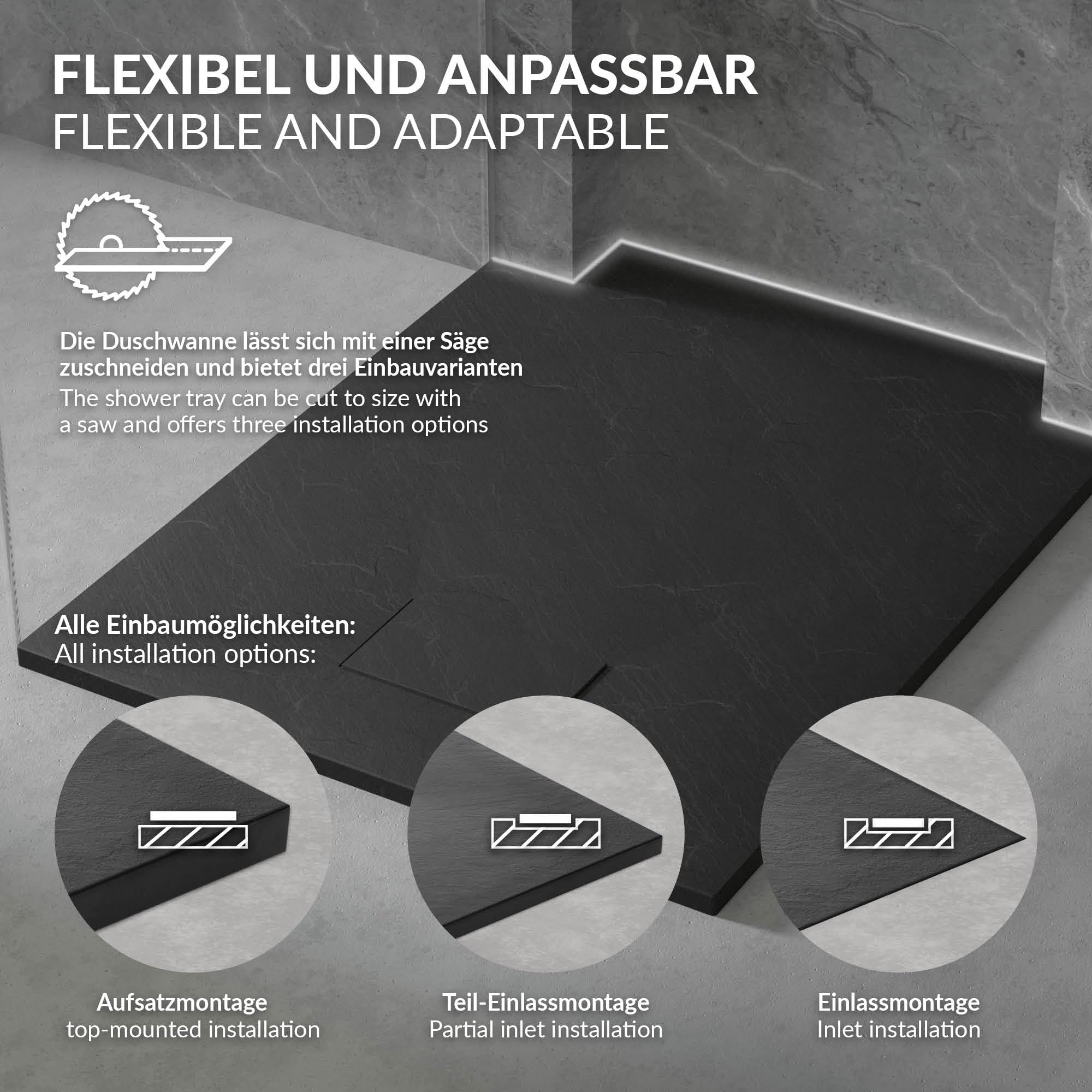 LuxeBath Plato de Ducha 80x80cm Negro, con Juego de Desagüe Base Rectangular con Superficie Antideslizante y Antibacteriano en Aspecto Pizarra Altura 30 mm SMC Extraplano y Robusto, Fácil Instalación