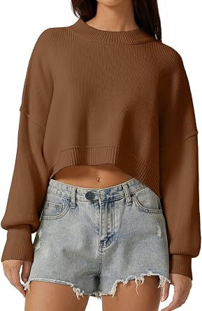 QINSEN Womens Mock Neck Cropped Sweater Long Sleeve Drop Shouler Oversized Knit Pullover Tops