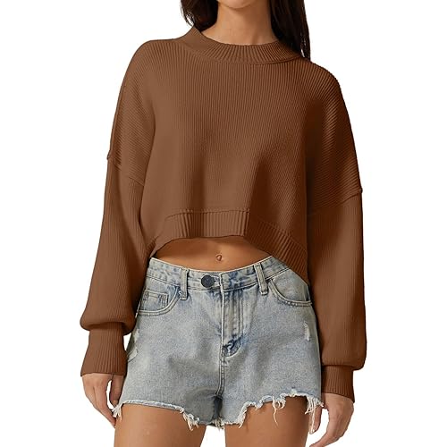 QINSEN Women's Mock Neck Cropped Sweater Long Sleeve Drop Shouler Oversized Knit Pullover Tops