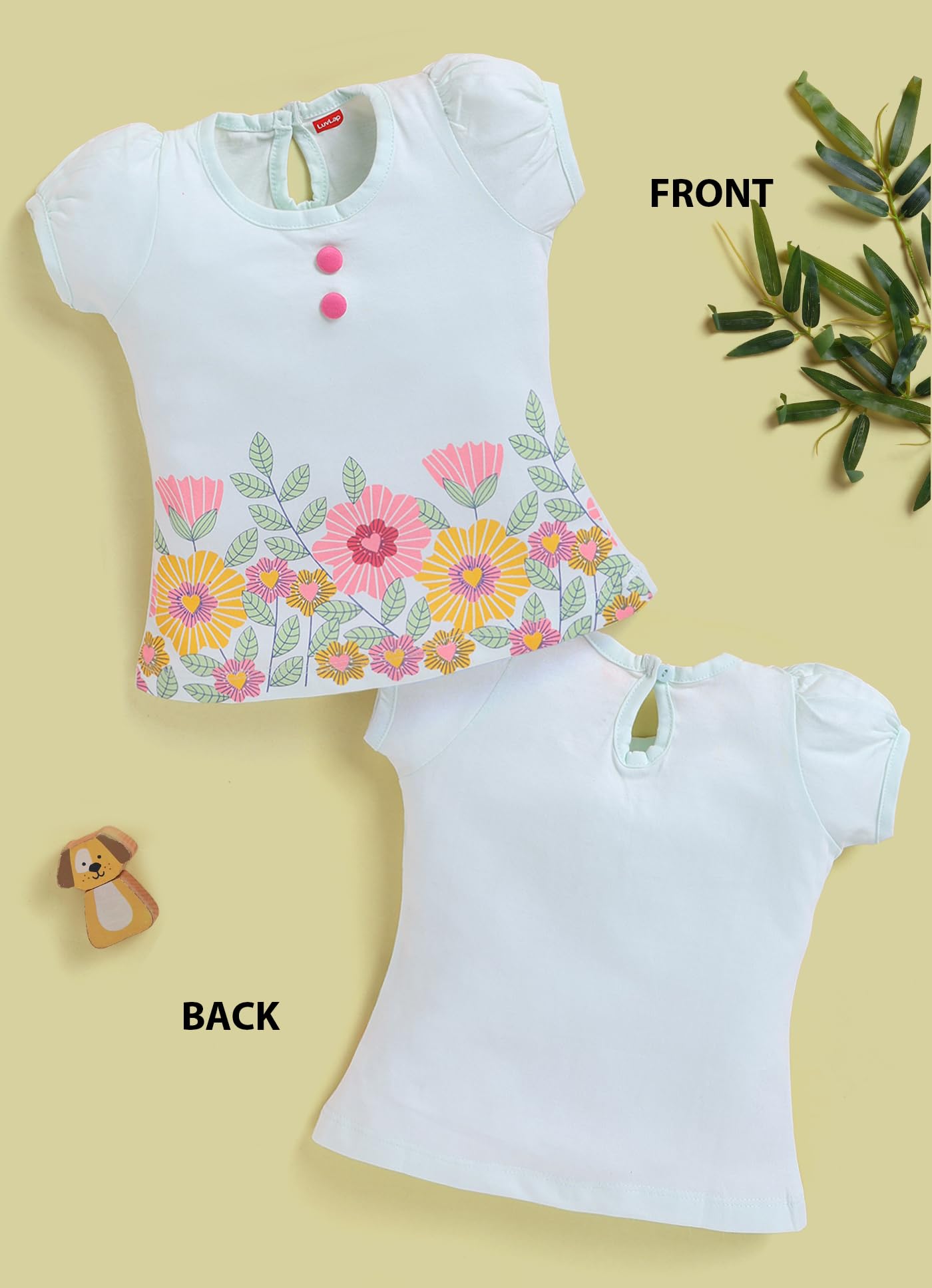 LuvLap Baby Girls Regular Fit 100% Cotton Half Sleeves Girls Top Pack of 4, Mint, Sunflower, Neon & Pink Rose, XL (12 to 18 Months) 2