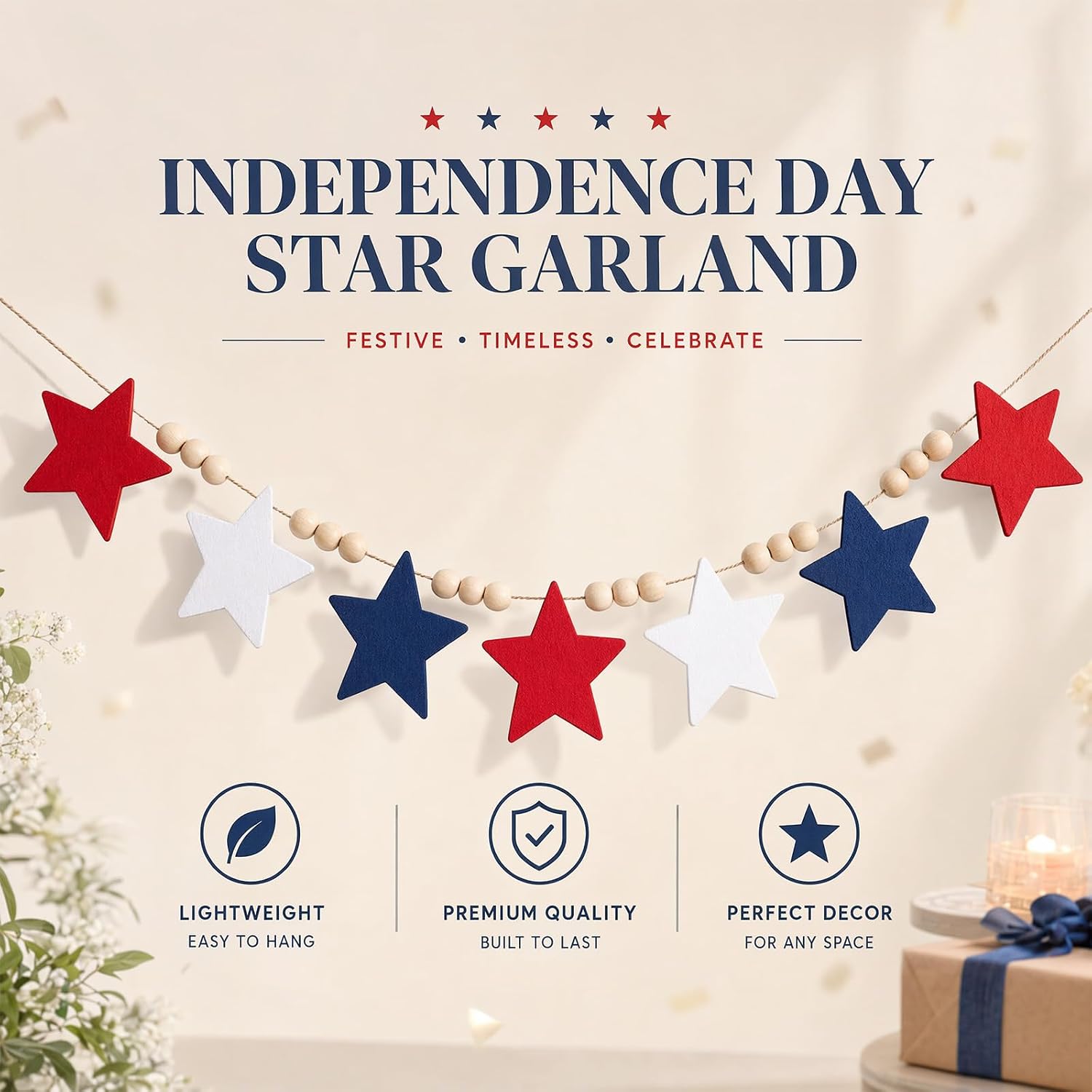 QCWN 5.1ft Patriotic Star Garland, Red White and Blue Wooden Bead Garland for 4th of July, Independence Day Decorations, Rustic American Flag Star Banner for Fireplace, Mantel, Wall, Party Supplies