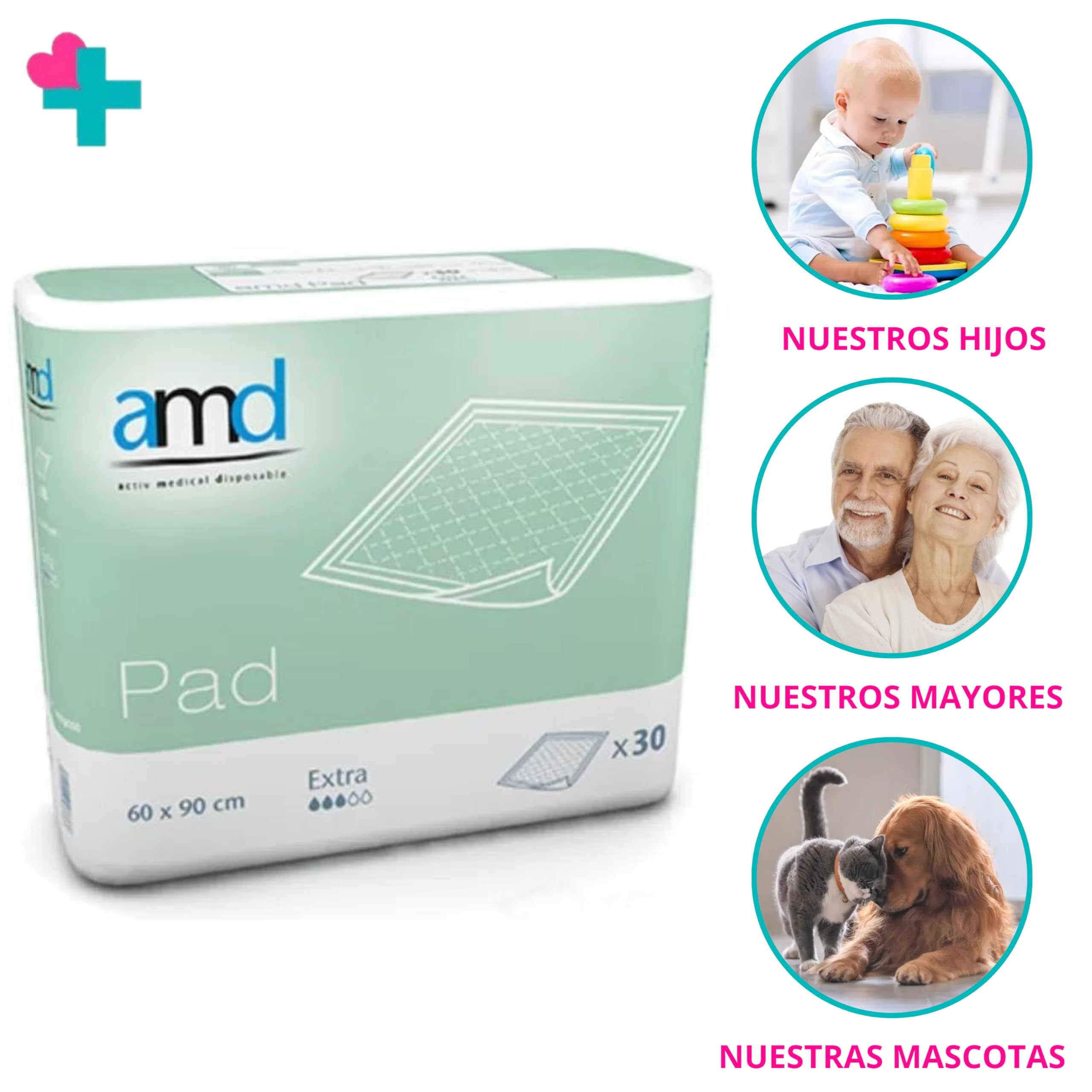 AMD Caja 4 Paquetes de 30 Unidades Salvacamas Desechables 60x90 Extra. Empapadores Cama Adultos Desechables 120 Unidades. Protector de Cama de un Solo Uso. Cambiadores Desechables absorción Extra.