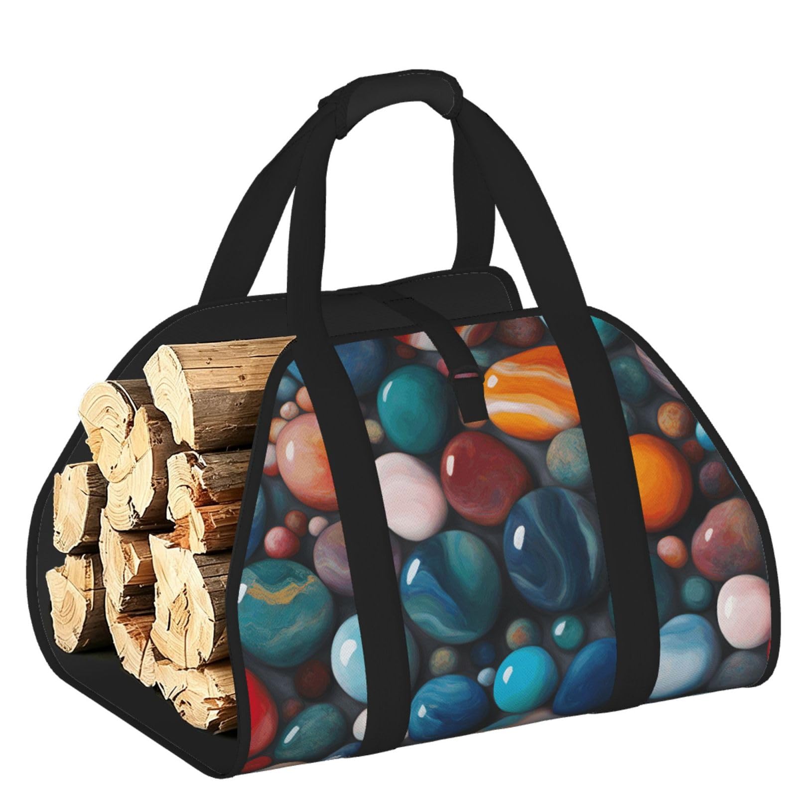 Ayyqwe Black Colored Marble Print Firewood Bag Wood Waterproof Versatile Camping Picnic Storage Daily Home