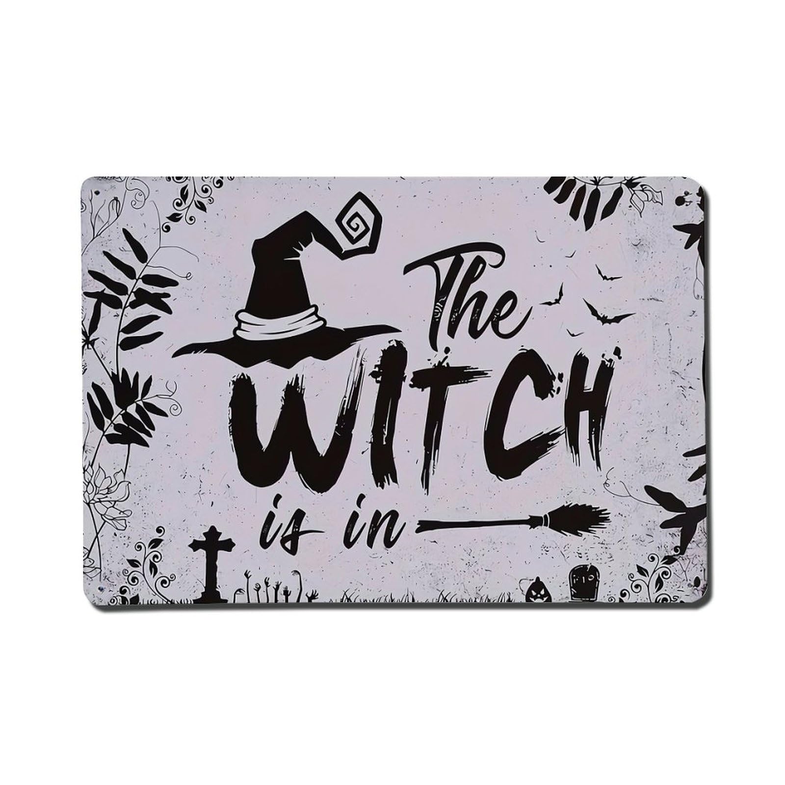 Witch Hat Broom Graveyard Bat Retro Metal Tin Sign, Vintage Metal Poster for Home, Gaming Room, Studio Workshop,Bar,Garage Wall Art Decor 8x12 Inch