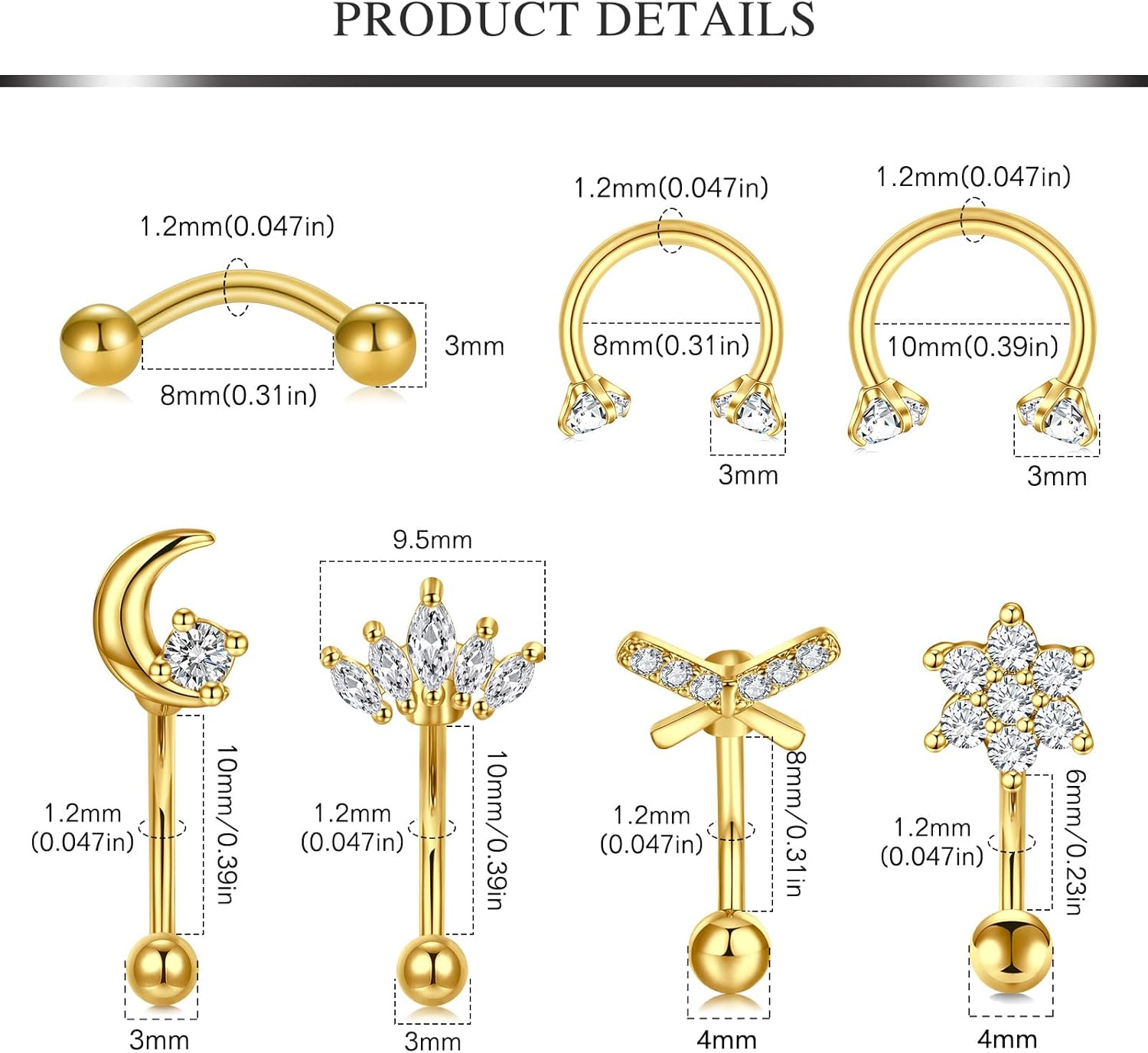 AVYRING 16g Rook Piercing Jewelry Gold Silver Eyebrow Rings Curved Barbell Daith Earrings for Women Horseshoe Septum Hoop Helix Earrings Surgical Steel Belly Button Rings Vertical Labret Lip Jewelry - Image 2