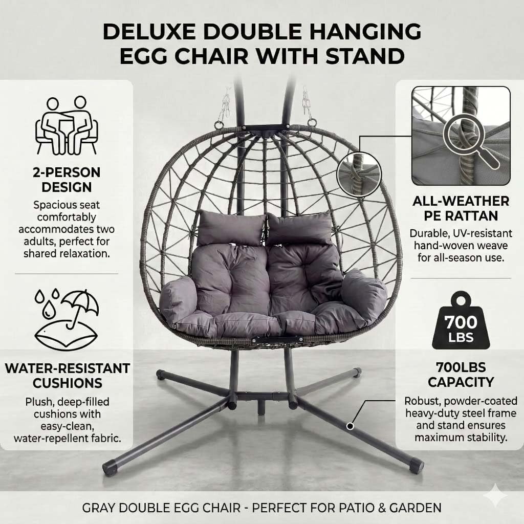 Extra Large Double Egg Chair Outdoor & Indoor, 2 Person Wicker Hanging Egg Chair with Stand, Heavy Duty Boho Patio Hammock Loveseat with Plush Cushions for Balcony, Garden, Bedroom (Grey, 2 Person)