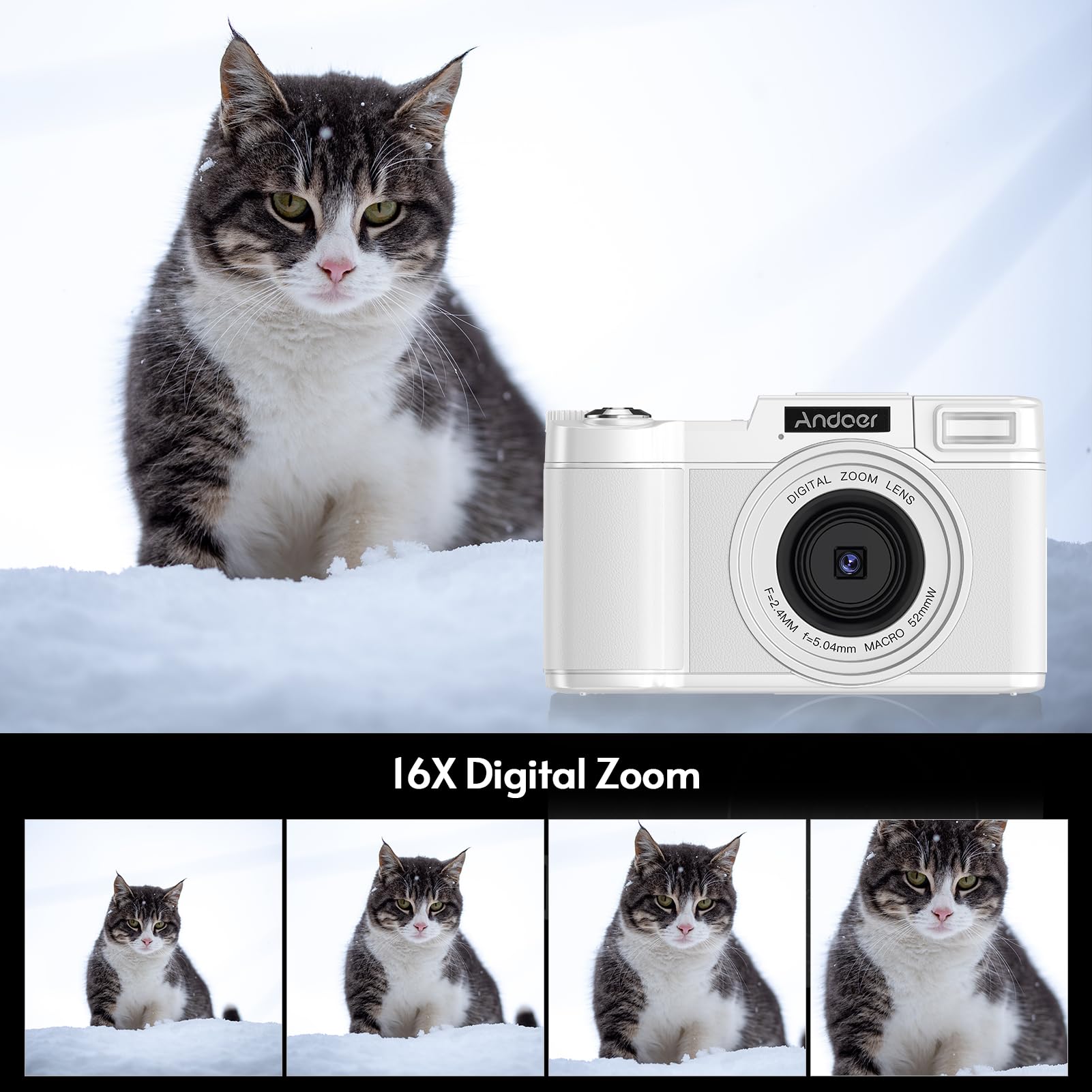 Andoer Cámara Digital Compacta, 48MP 4K Cámara Fotos con Pantalla giratoria TFT de 3,0 Pulgadas, cámara de Fotos con Zoom Digital de 16, Tarjeta 32GB para Niños, Principiantes, Adulto