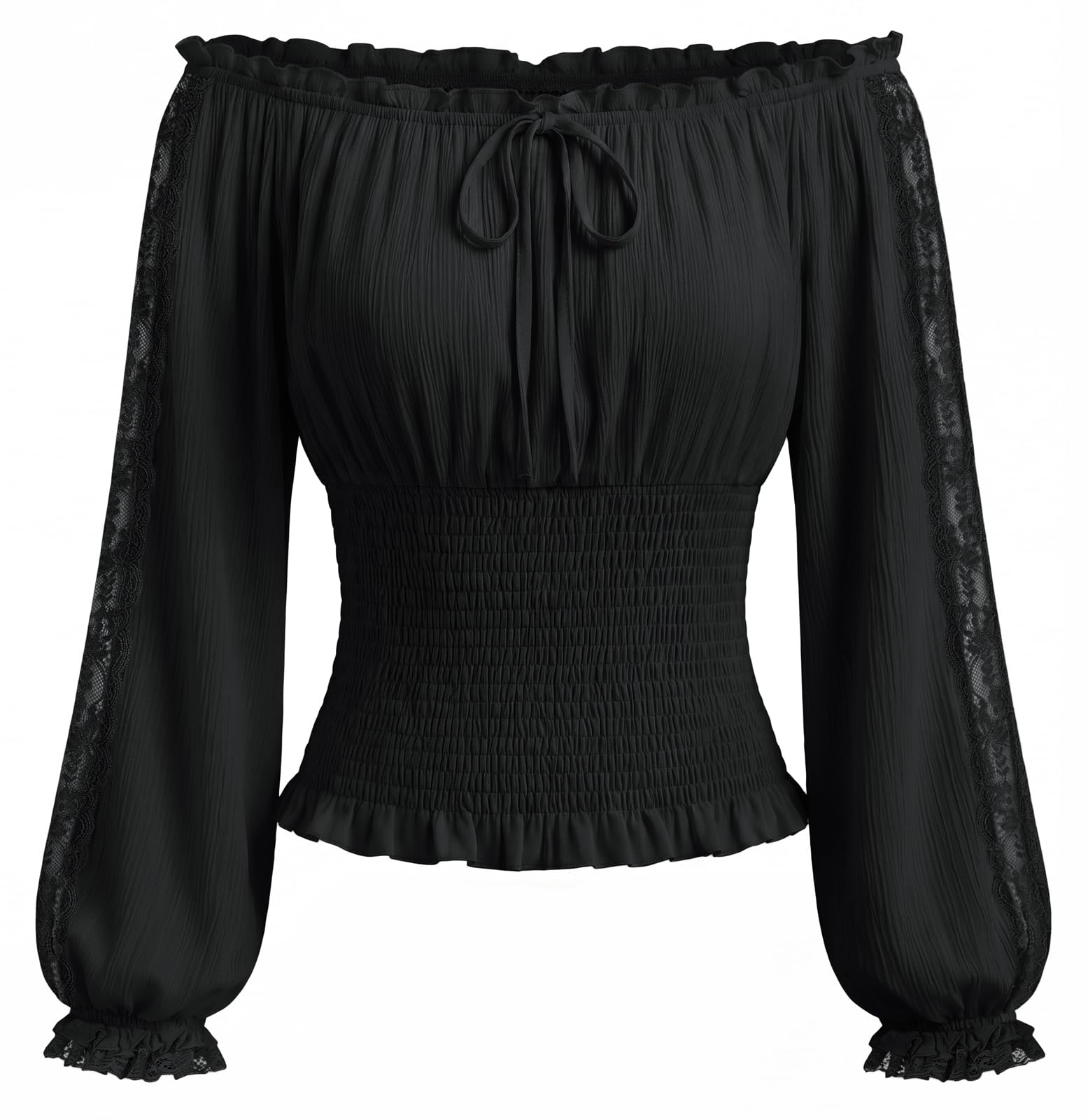 SCARLET DARKNESS Renaissance Lantern Sleeve Bardot Trim Lace Smocked Blouse