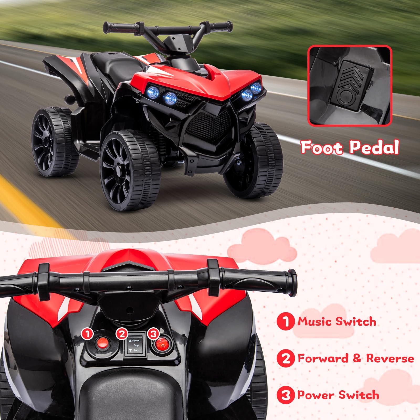 Quad Eléctrico para Niños 6V, Quad Eléctrico Infantil, Rojo | Faros LED, Música, Claxon, Pedal Acelerador, Marcha Adelante/Atrás, Velocidad 1,5-3km/h,Vehículo Eléctrico para Niños 3+ Años