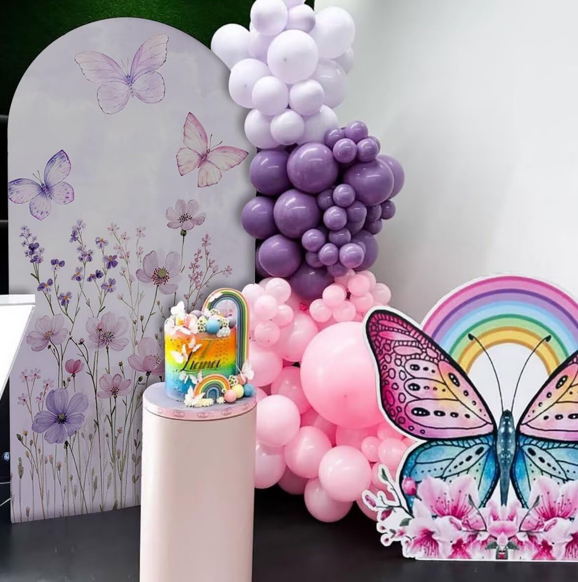 Butterfly Arched Backdrop Cover Spring Pink Purple Flowers Stretchy Arched Stand Cover for Girls Birthday Party Decorations (No Stand!)