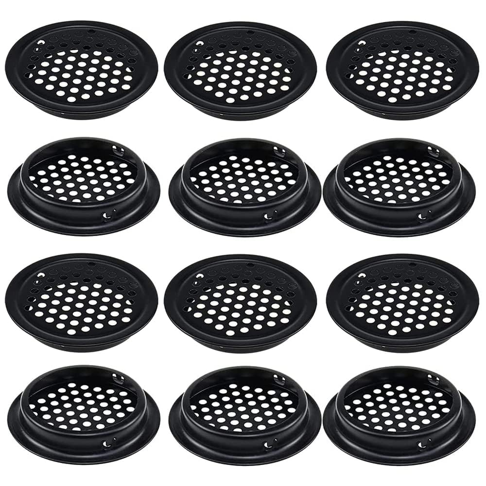 Excefore Round Ventilation Grilles Air Vent Covers, Circle Moisture Proof Ventilation Holes, 12 Pcs Mesh Hole Stainless Steel Air Vent Cover, for Bathroom Kitchen Cupboard Wardrobe Black
