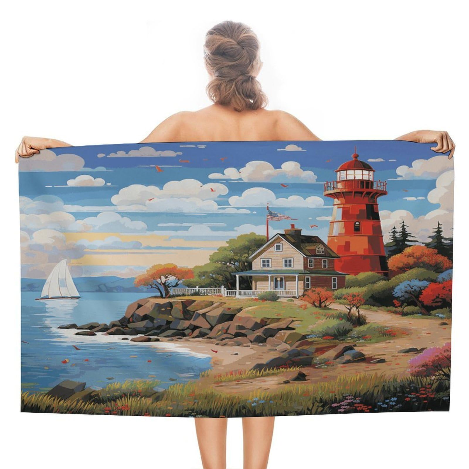 VstaDank Coastal Lighthouse Bath Towel Stylish Double-Faced Pile Travel Towel Soft Absorbent Beach Towel for Pool Swim Sports Camping Adults Gift 51X31 Inch
