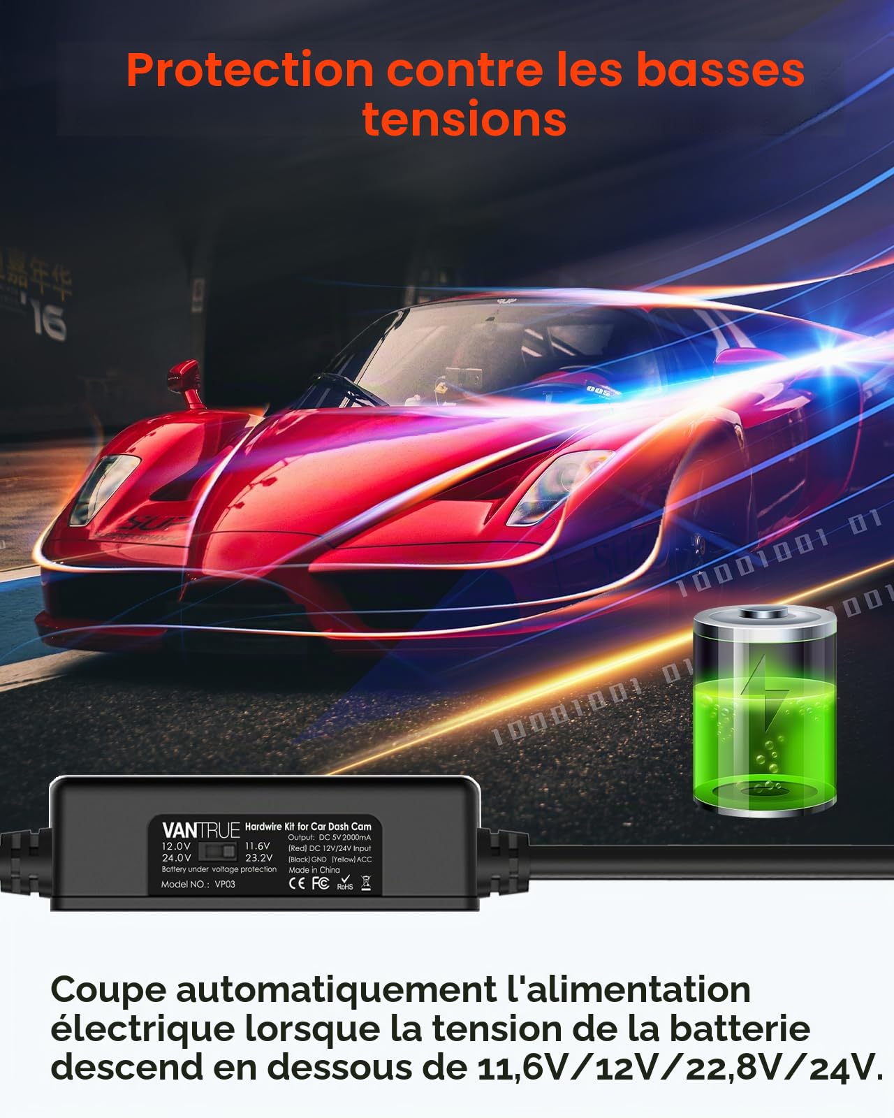 VANTRUE E1 Pro 4K HDR STARVIS 2 Dashcam Voiture Avant et VANTRUE Kit de câblage USB-C VP03