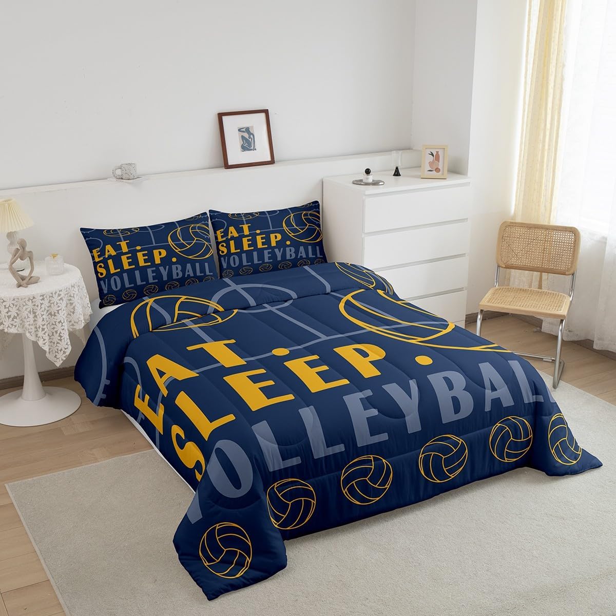 Erosebridal Volleyball Bedding Set - King Size Sports Comforter Set with 3 Pcs - Navy Blue & Yellow