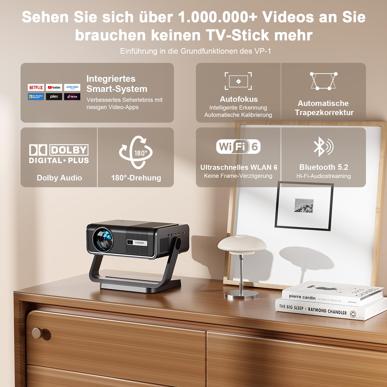 Proiettore smart 4K, app ufficiali e Dolby Audio: proiettore video LED 3500 ANSI, messa a fuoco automatica e correzione trapezoidale, VISSPL 1080P full HD, WiFi6, Bluetooth, home theatre / outdoor con