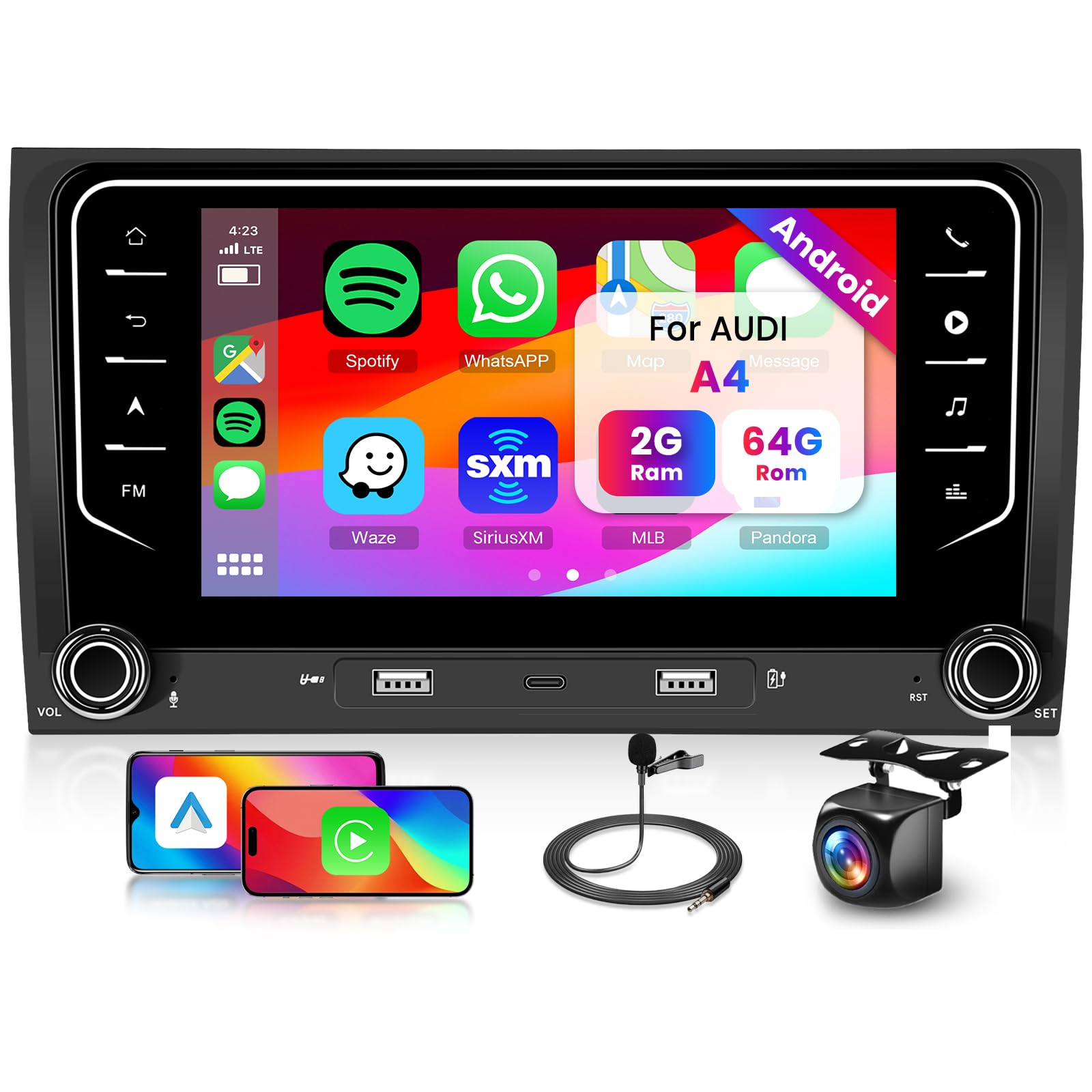 Hodozzy 2GB+64GB Android Autoradio per Audi A4 S4 RS4 B5 B6 B7 Seat Exeo con Wireless Carplay Android Auto, 7 Pollici Touchscreen Stereo 2 Din Schermo con GPS Wifi Bluetooth DSP FM/RDS con Telecamera