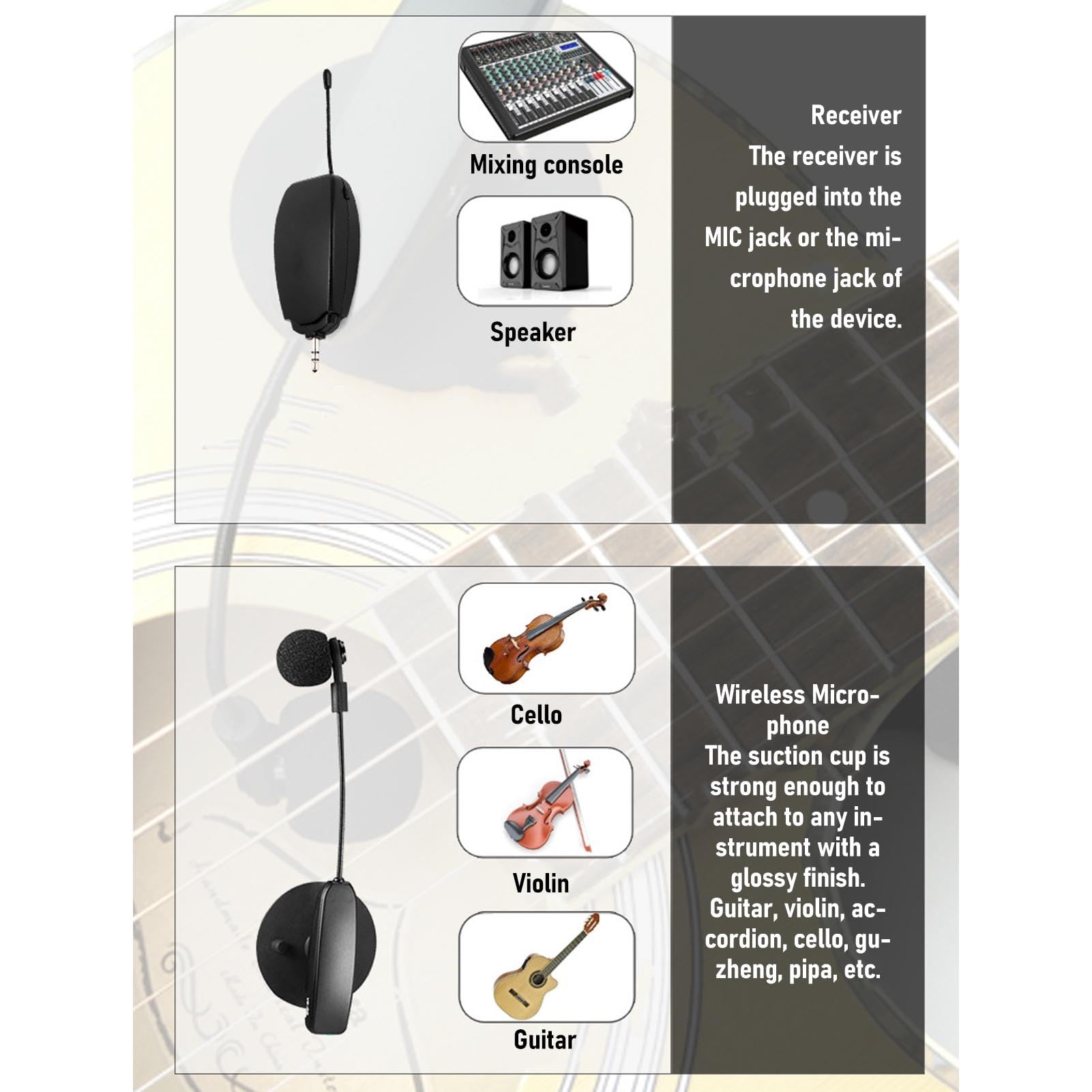 Geigenmikrofon, 2,4 G Instrumentmikrofonsystem mit 3,5 Mm und 6,35 Mm Schallausgang, Kompatibel mit Briefen, Cellos, Guzhengs, Gitarren, Akkordeons