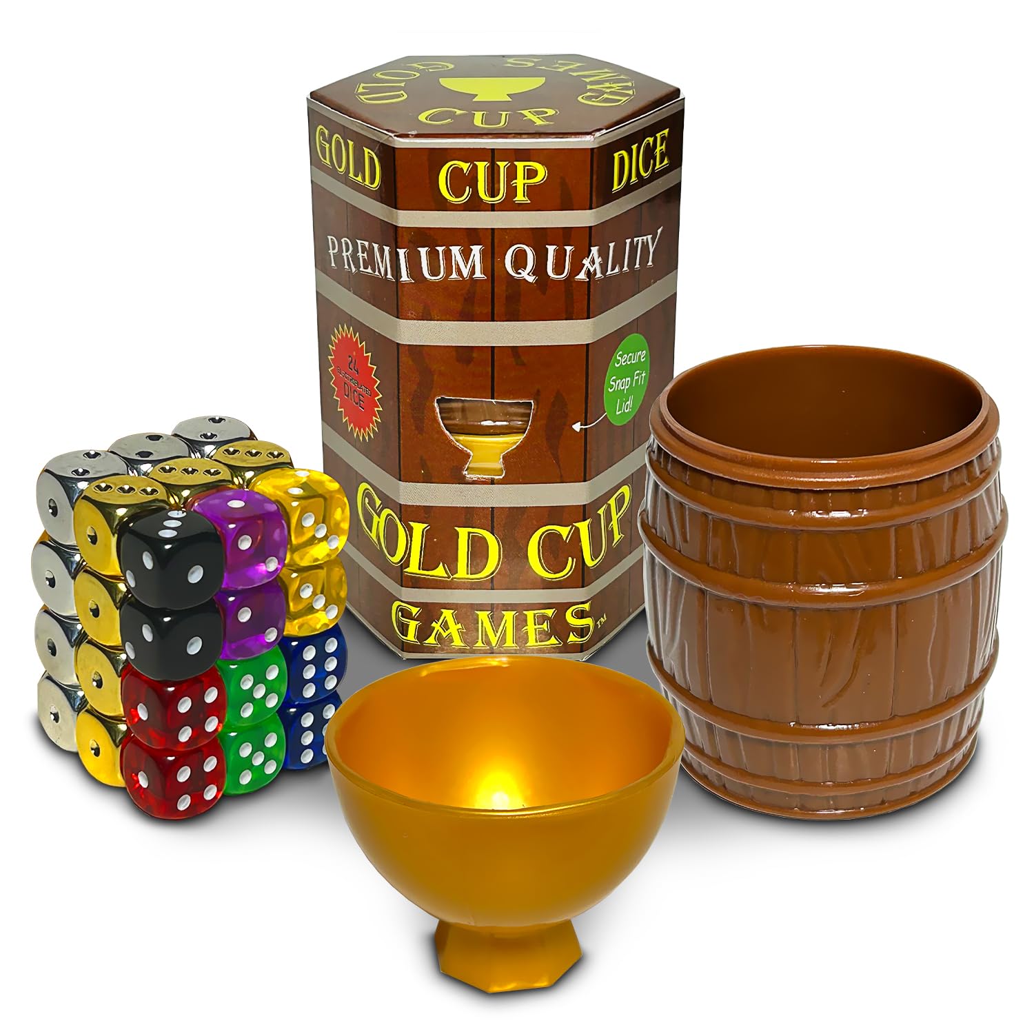 Gold Cup Games Gold Cup Dice Travel Friendly Family Game for Camping, Indoor & Outdoor Family Game Night Fun, Play Over 26 Games with Two Foodsafe