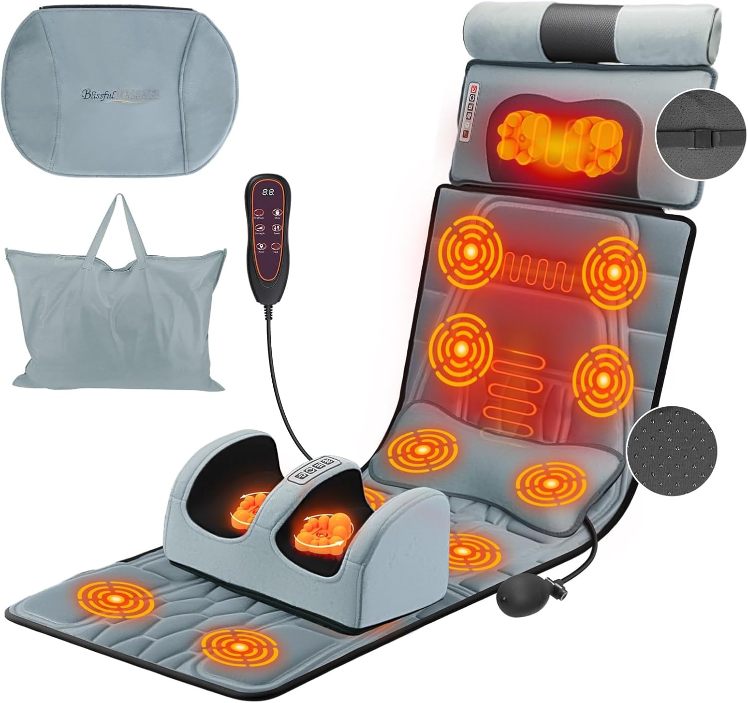 Full Body Massage Mat with Heat, Flannel Shiatsu Vibration Neck Back Foot Massager Pad with Timer Lumbar Pillow Carry Bag Earplugs for Recliner Chair Sofa, Anti-Slip Bottom, Gift for Men Women