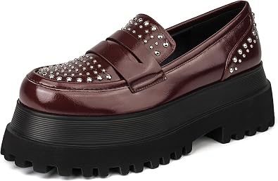 Womens Platform Loafers | Silver Studded Design Chunky Platform Lug Sole Easy Slip-On Style