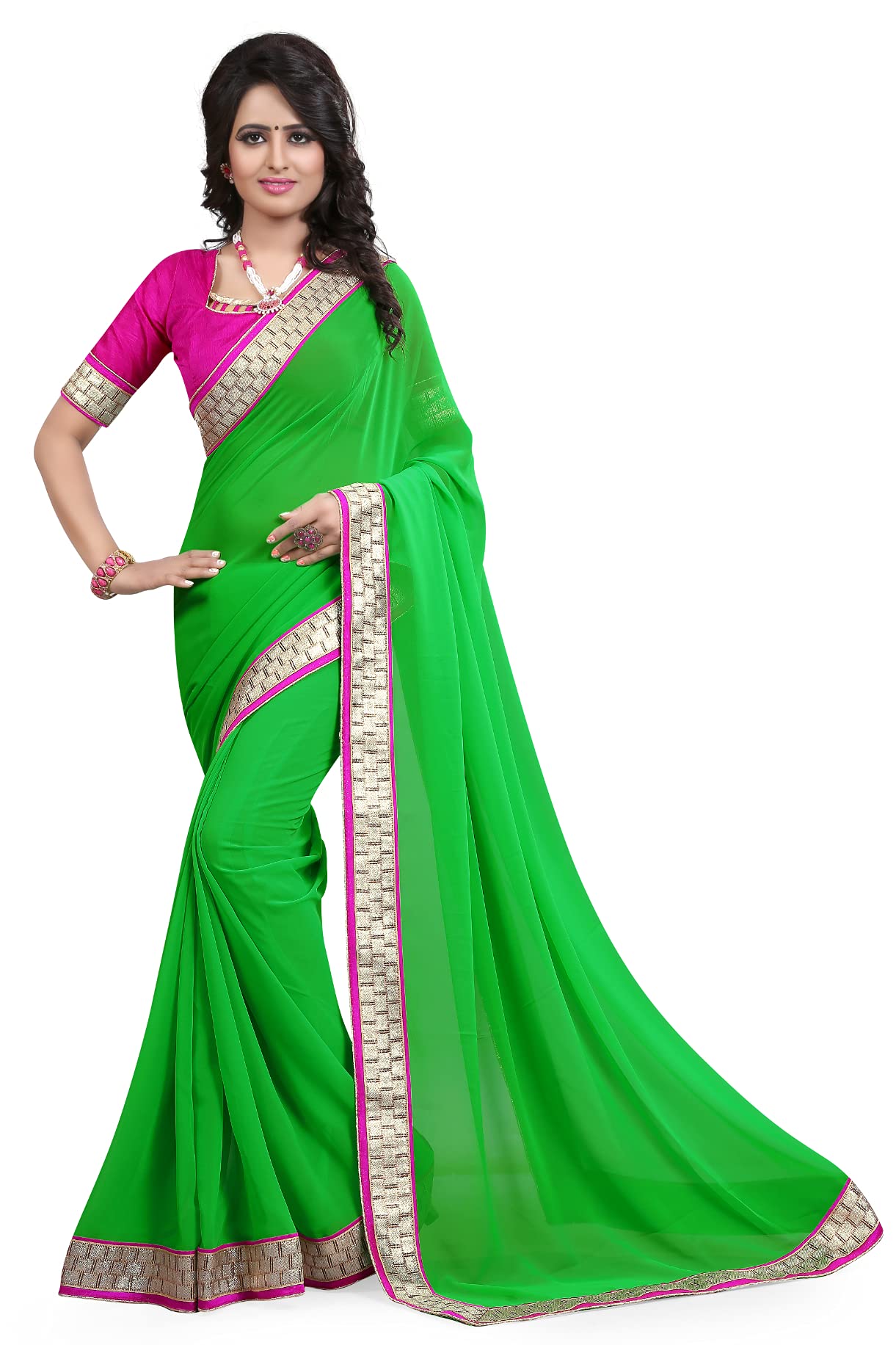 CRAFTSTRIBEGeorgette Saree Yellow Sari Heavy Readymade Less Border With Contrast Blouse Saree For Women