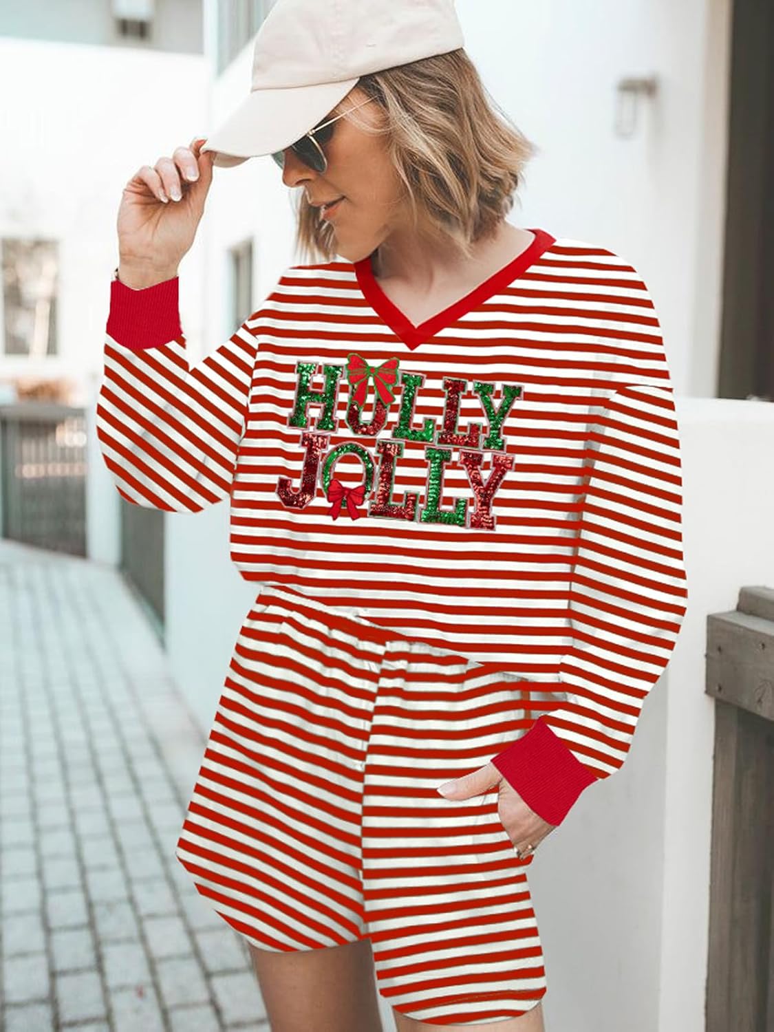 LUKYCILD Women Striped Christmas Sets V Neck Lounge Short Set Matching Sweatsuit with Pockets Casual Xmas Pjs 2 Piece Outfits - Image 3