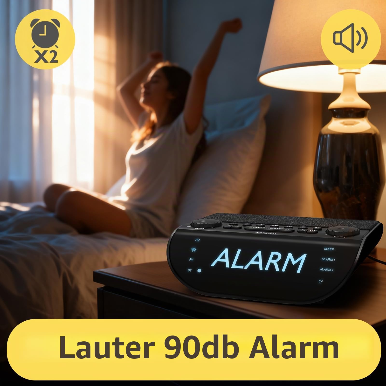 UP-Max Radiowecker mit Bluetooth und UKW Radio – Extra Lauter 90dB Wecker für Tiefschläfer, Dual-Alarm, Snooze, Weißes Rauschen, Stereo-Lautsprecher, Großes Dimmbares Display