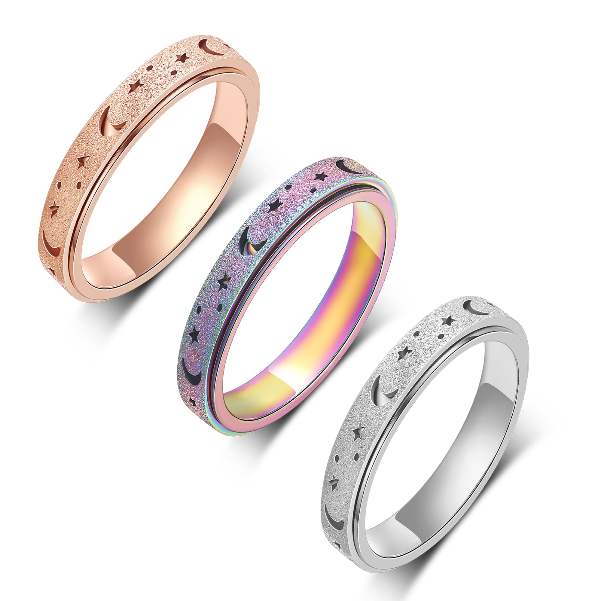 LuckyAmor Fidget Anxiety Ring for Women-3Pcs 4MM Rainbow Rose Gold Silver Moon Star Hollow Stainless Steel Spinner Rings for Anxiety Stress Relief Gift for Women party birthday size 6-10