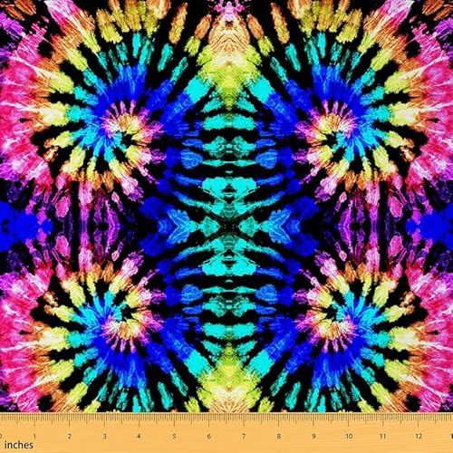Tie Dye Upholstery Fabric for Chairs, Colorful Boho Trippy Swirl Outdoor Fabric by The Yard, Rainbow Hippie Bohemian Gypsy Decorative Fabric for Upholstery and Home DIY Projects, 1 Yard, Bla