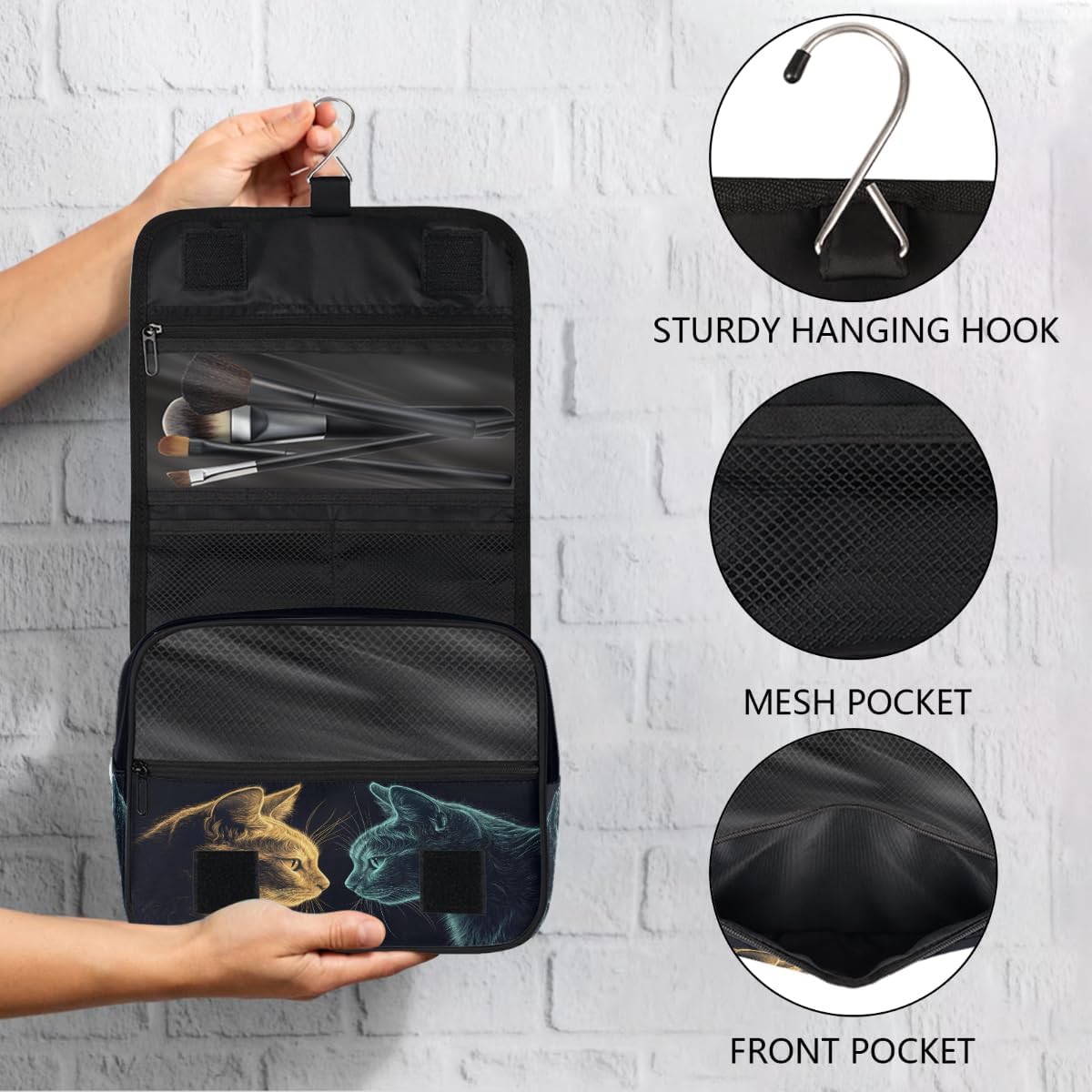 Travel Hanging Toiletry Bag for Women Girl Kinds Of Golden Emerald Blue Cat Cosmetic Bag Waterproof Makeup Organizer for Accessories, Shampoo, Full Sized Container, Toiletries for Bathroom Shower