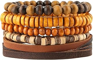 HZMAN Wrap Bracelets Men Women, Hemp Cords Wood Beads Ethnic Tribal Bracelets, Leather Wristbands
