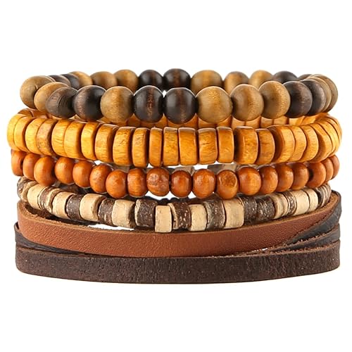 HZMAN Wrap Bracelets Men Women, Hemp Cords Wood Beads Ethnic Tribal Bracelets, Leather Wristbands - Coconut shell 5 Mix