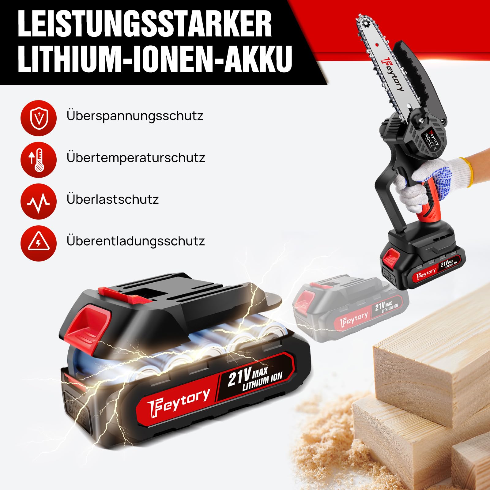 Mini motosierra, 21 V, batería de 6 pulgadas, con batería de 1500 mAh y 2 cadenas de eslabones, motosierra con batería de bloqueo de seguridad y potente motor, batería para árbol, patio y jardín.