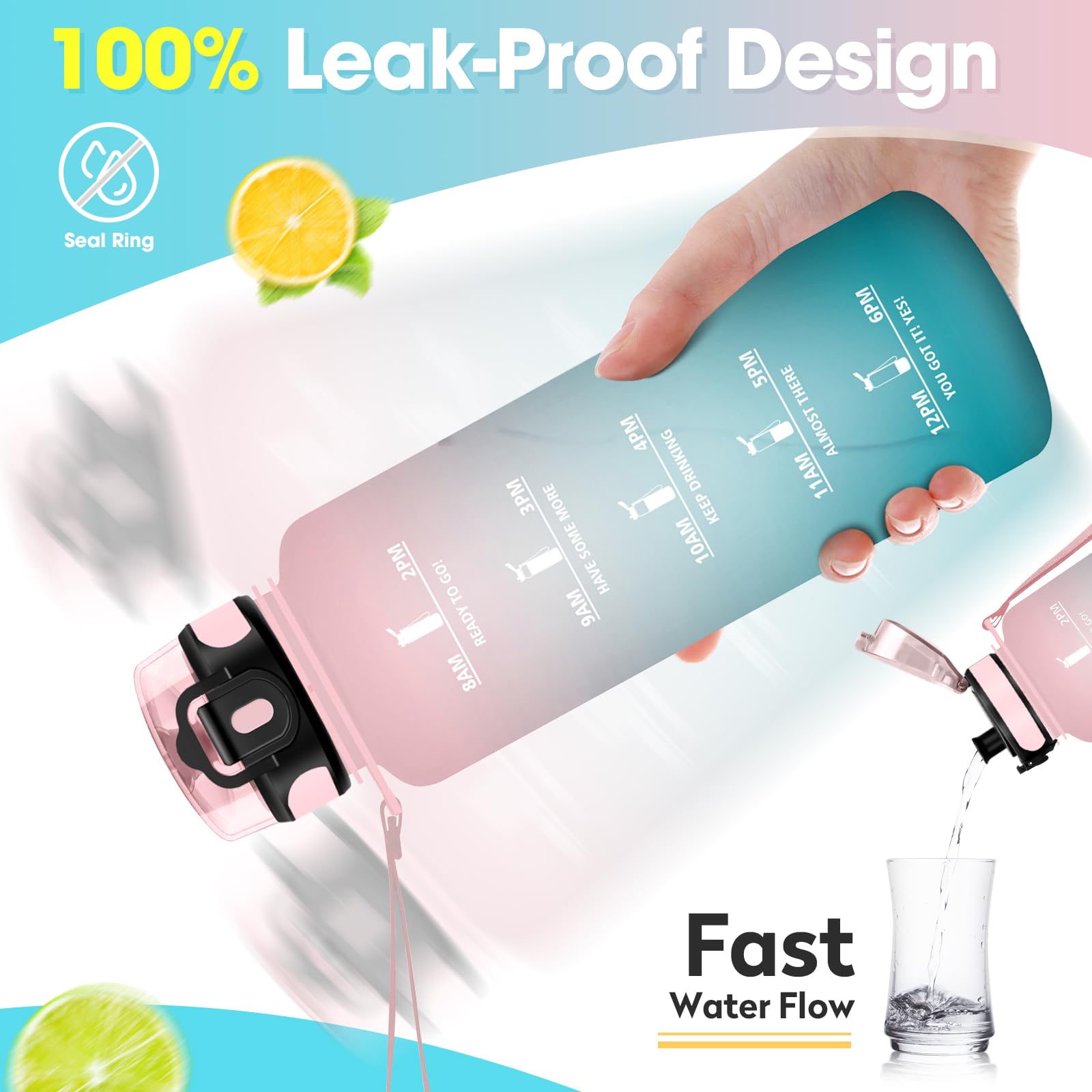 JAPORIA Borraccia 1.5 Litro, Borraccia Palestra Senza Perdite,con Filtro, con Indicatore del Tempo Motivazionale,Riutilizzabile, per Sport, Fitness, Ciclismo