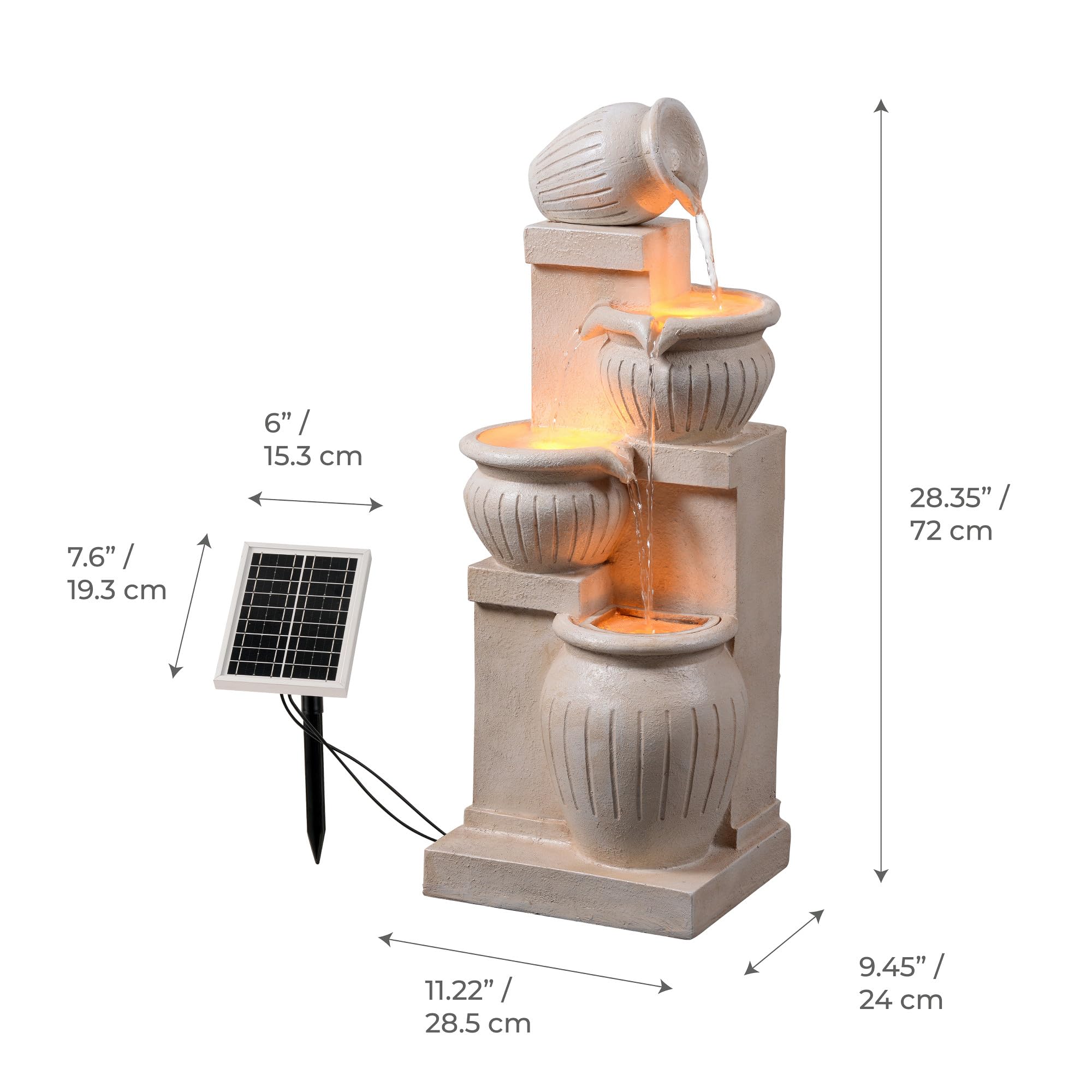 Teamson Home Garten Outdoor Brunnen Solar 4-stufiger Kaskaden-Schalenbrunnen mit LED-Lichtern, natürliche Steinoptik, umweltfreundliches Design
