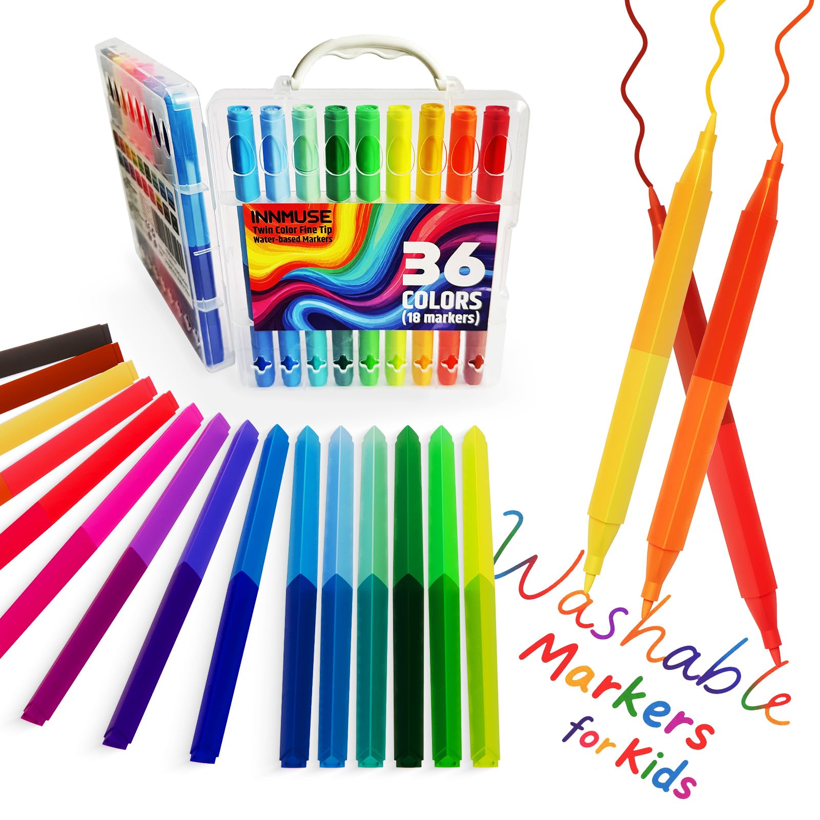 Innmuse 36 Colors Double Sided Washable Mini Markers, Stocking Stuffers for Kids, Water Based Non-Toxic Thin Marker with Case, Travel Markers for Kids