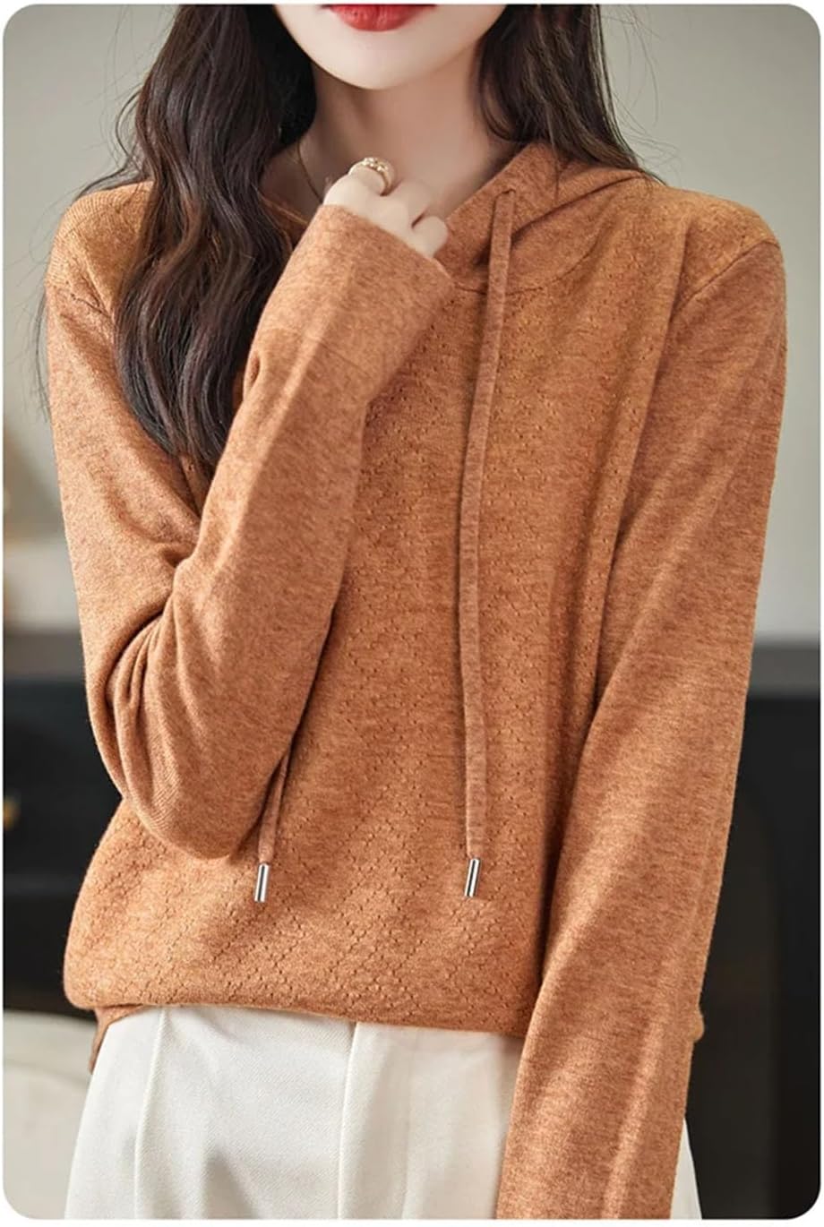 Women's Australian Wool Sweater Long Sleeved O-Neck Drawstring Hoodie Fall Winter Fashion Warm Sweatshirt