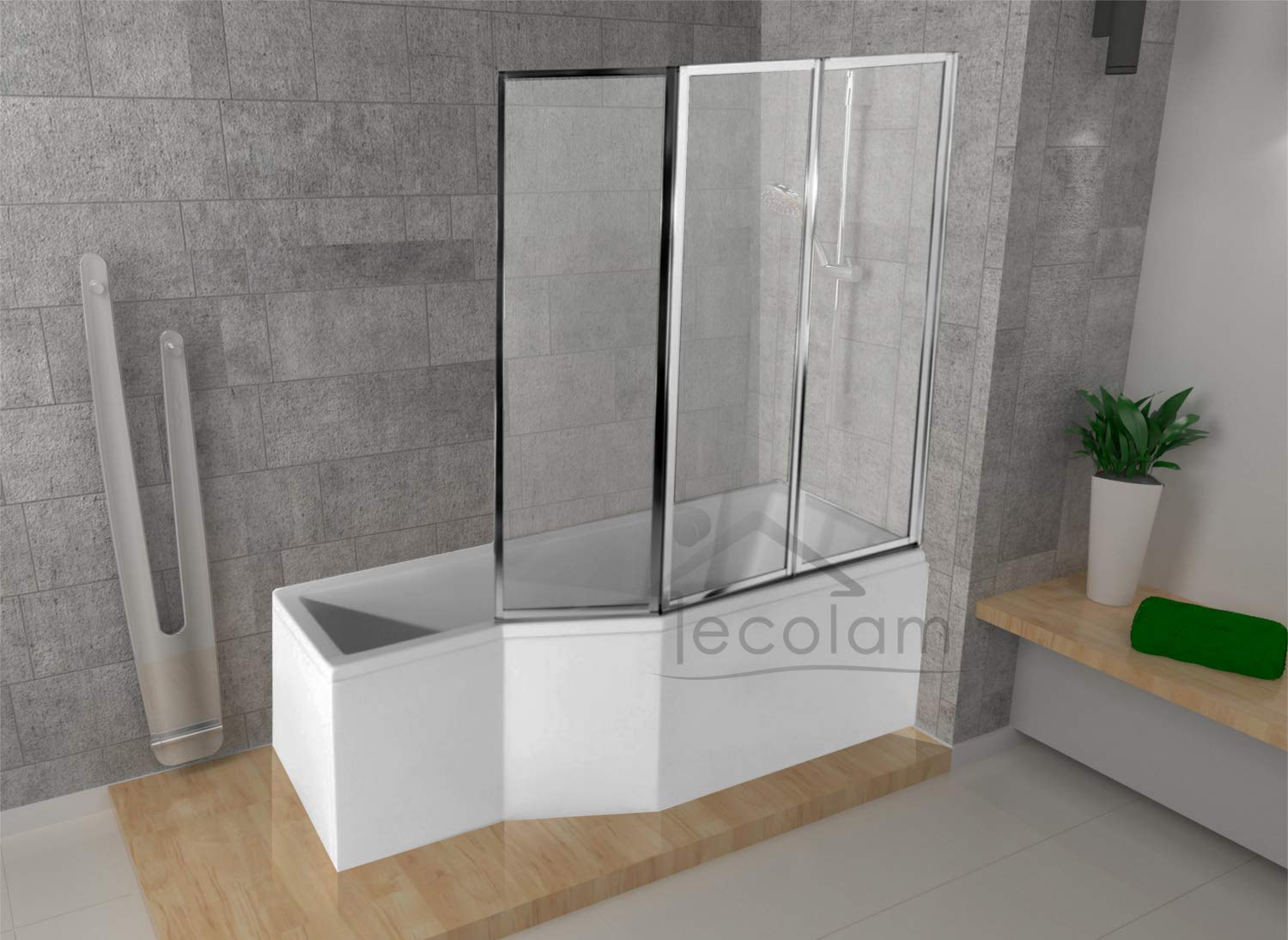 ECOLAM® Duschbadewanne Set Badewanne + Badewannenabtrennung Duschwand Eckbadewanne Integra Acryl weiß 170x75 cm RECHTS + Schürze Ablaufgarnitur Ab- und Überlauf Automatik Füße Silikon raumsparend